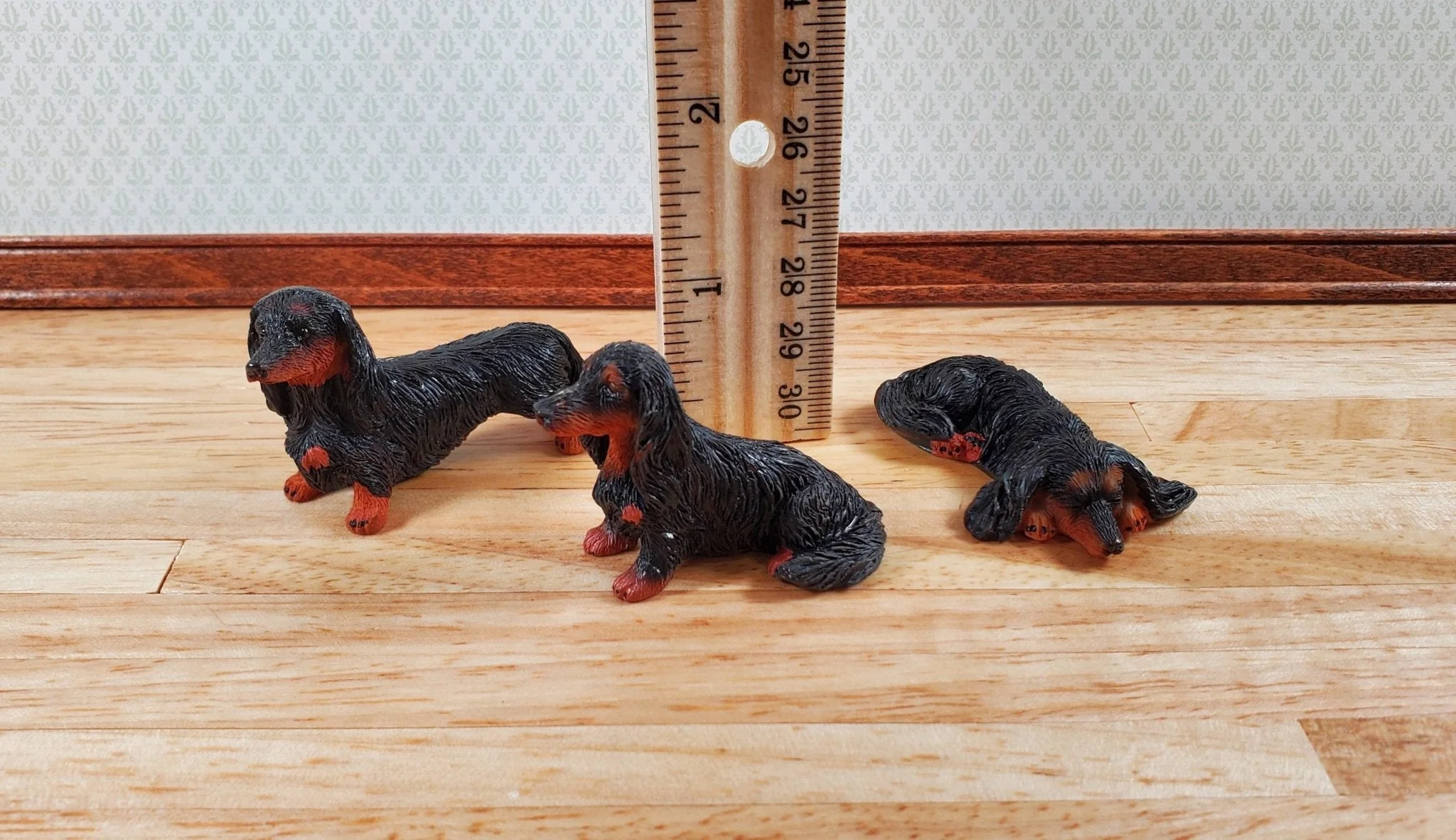 Dollhouse 1:6 Scale Dachshund Dogs Set of 3 Playscale Long Haired Puppy Pets - Image 6