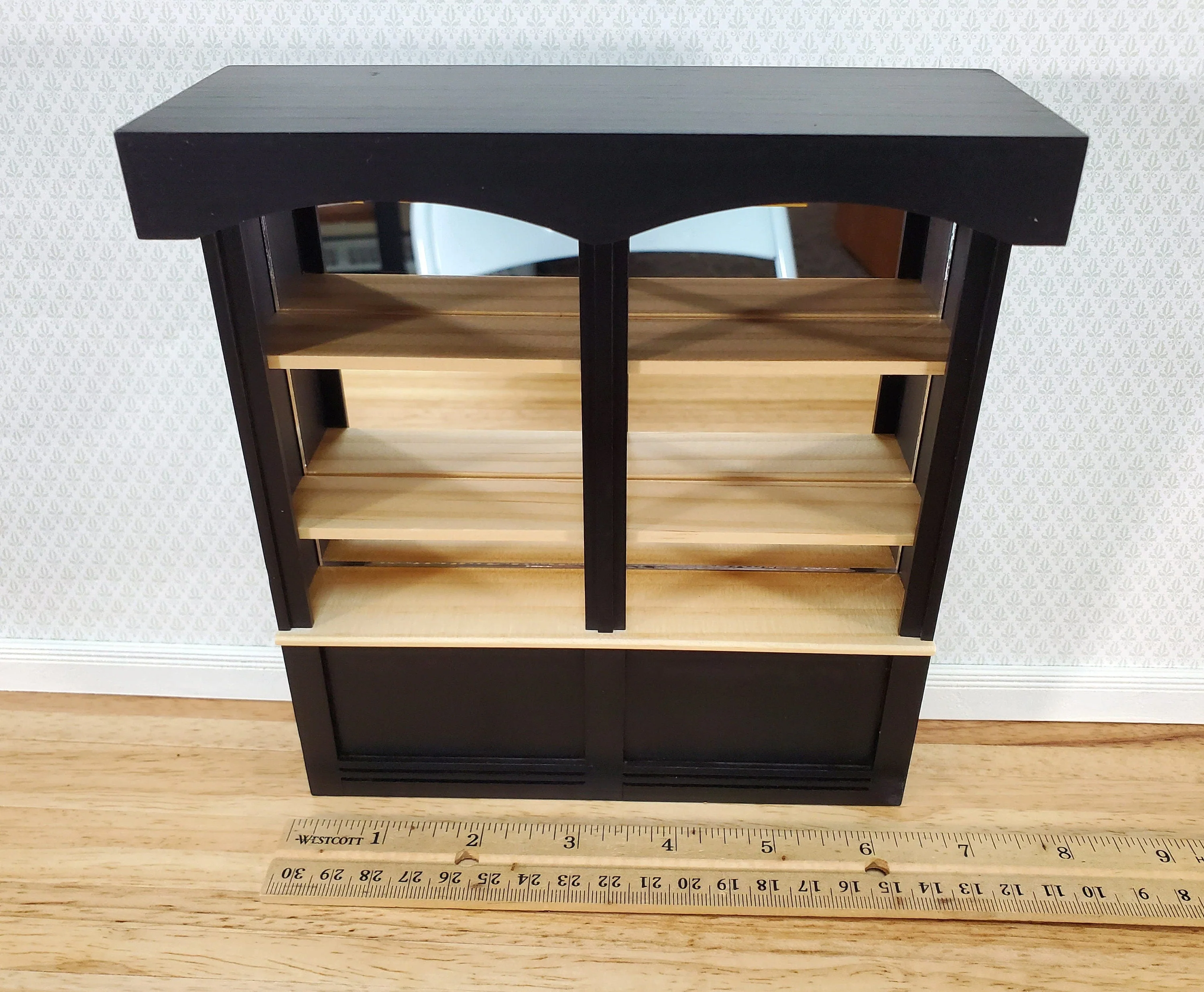 Dollhouse Bar or Shop Shelves Mirrored Back Black & Oak 1:12 Scale Miniature - Image 4