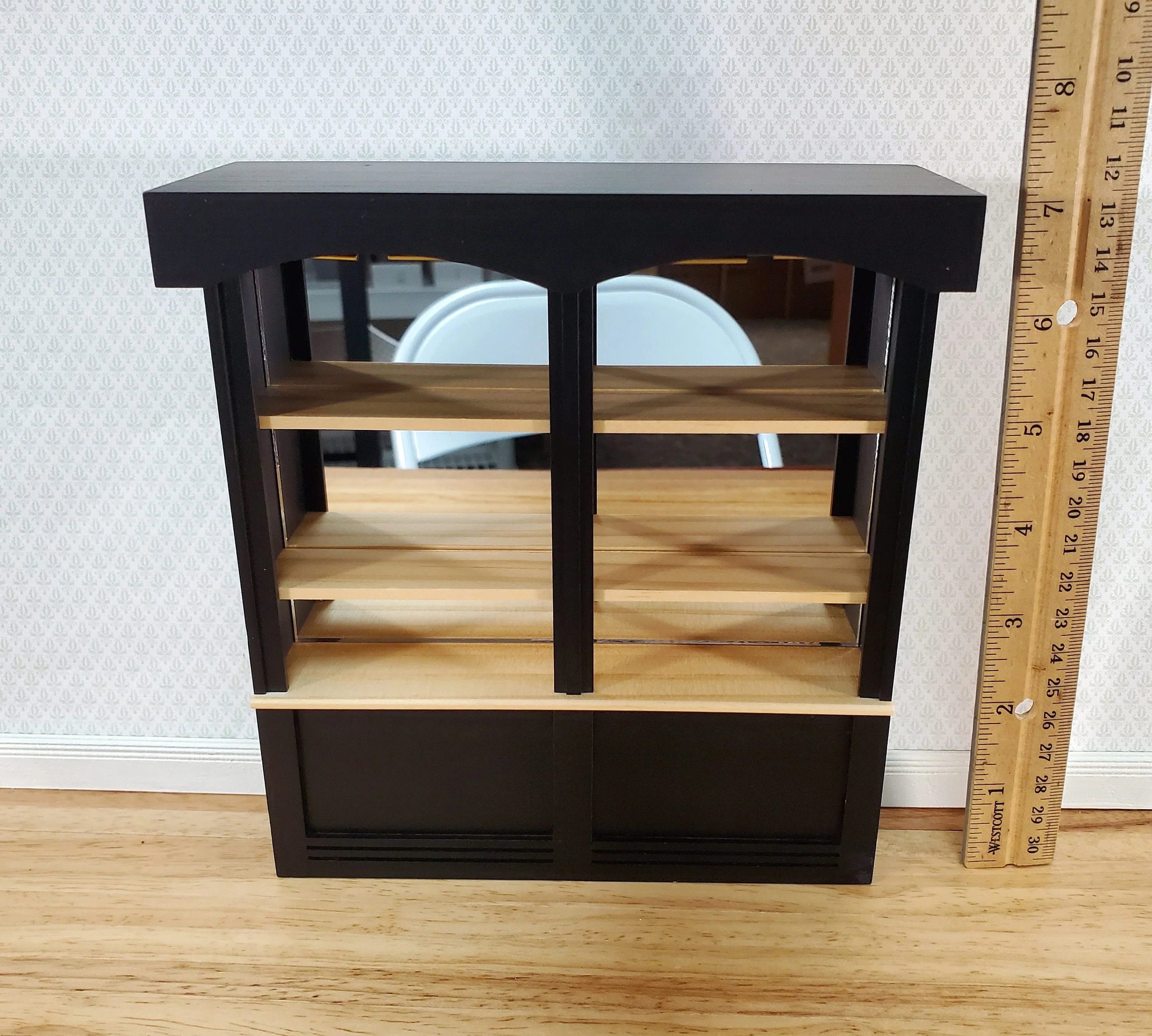 Dollhouse Bar or Shop Shelves Mirrored Back Black & Oak 1:12 Scale Miniature - Image 5