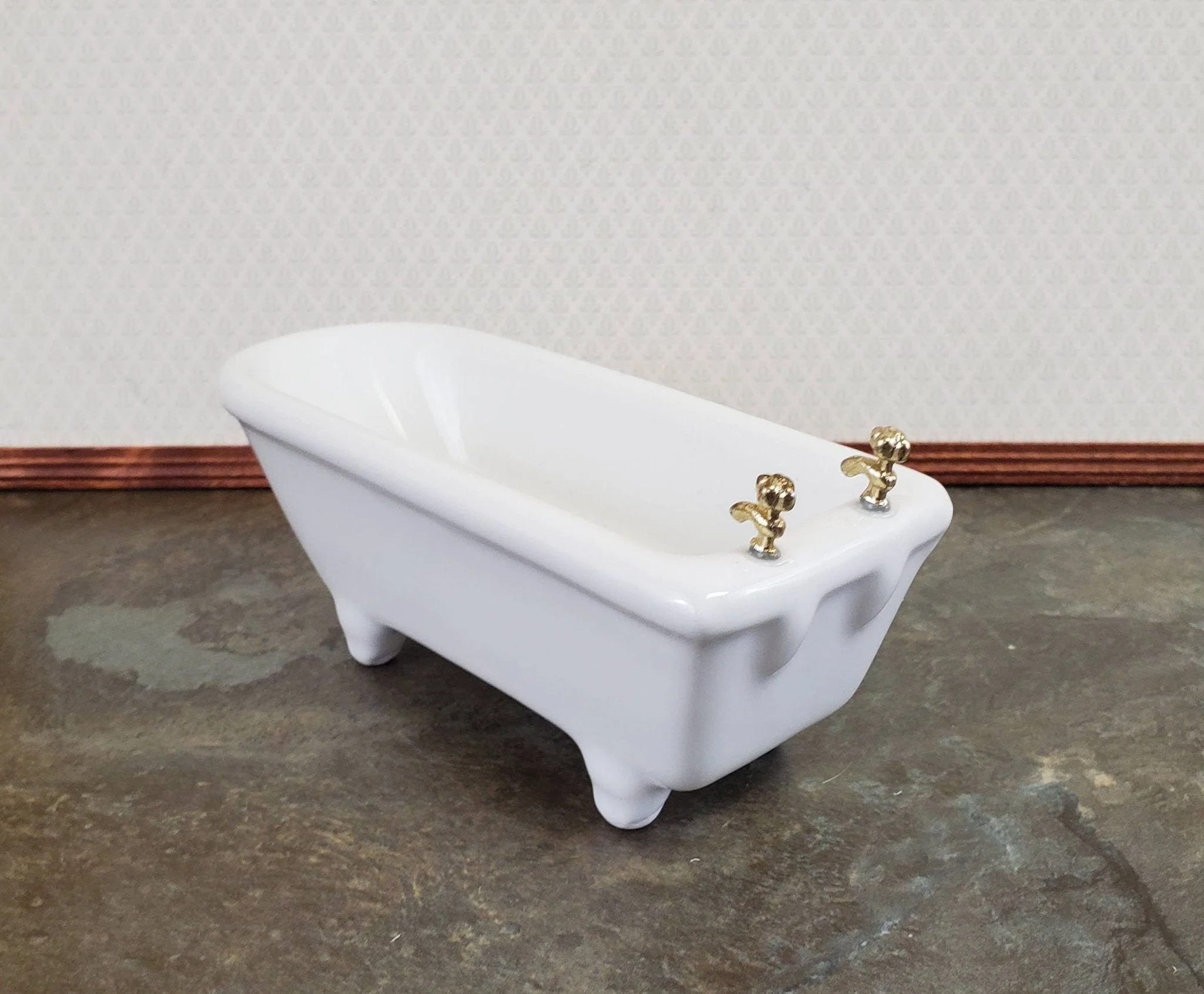 Dollhouse Bathtub Gold Fixtures White Ceramic 1:12 Scale Miniature Bathroom Tub - Image 3