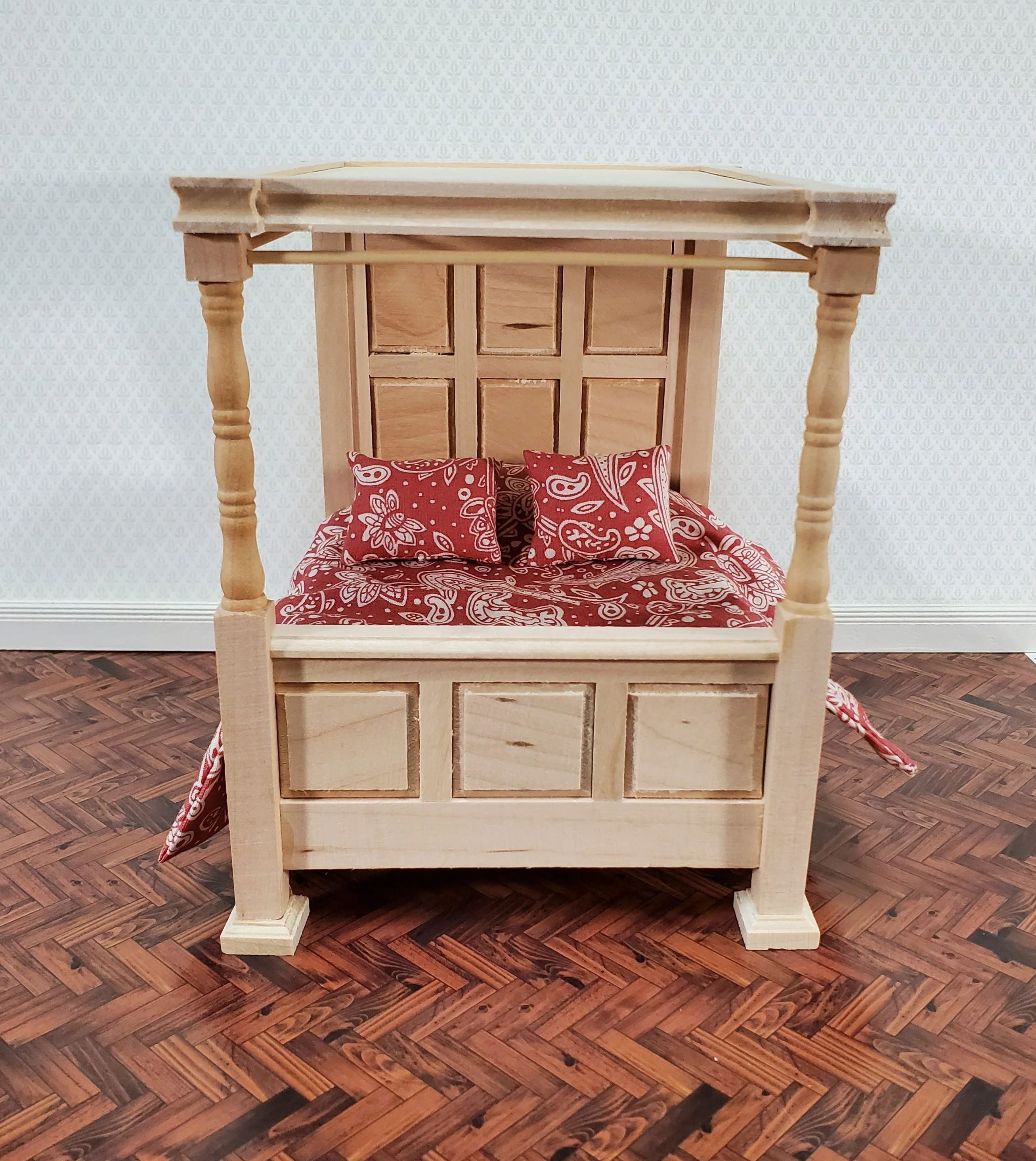 Dollhouse Bed 4 Poster Canopy Tudor Style Unpainted Wood 1:12 Scale Miniature Bedroom Furniture - Image 3