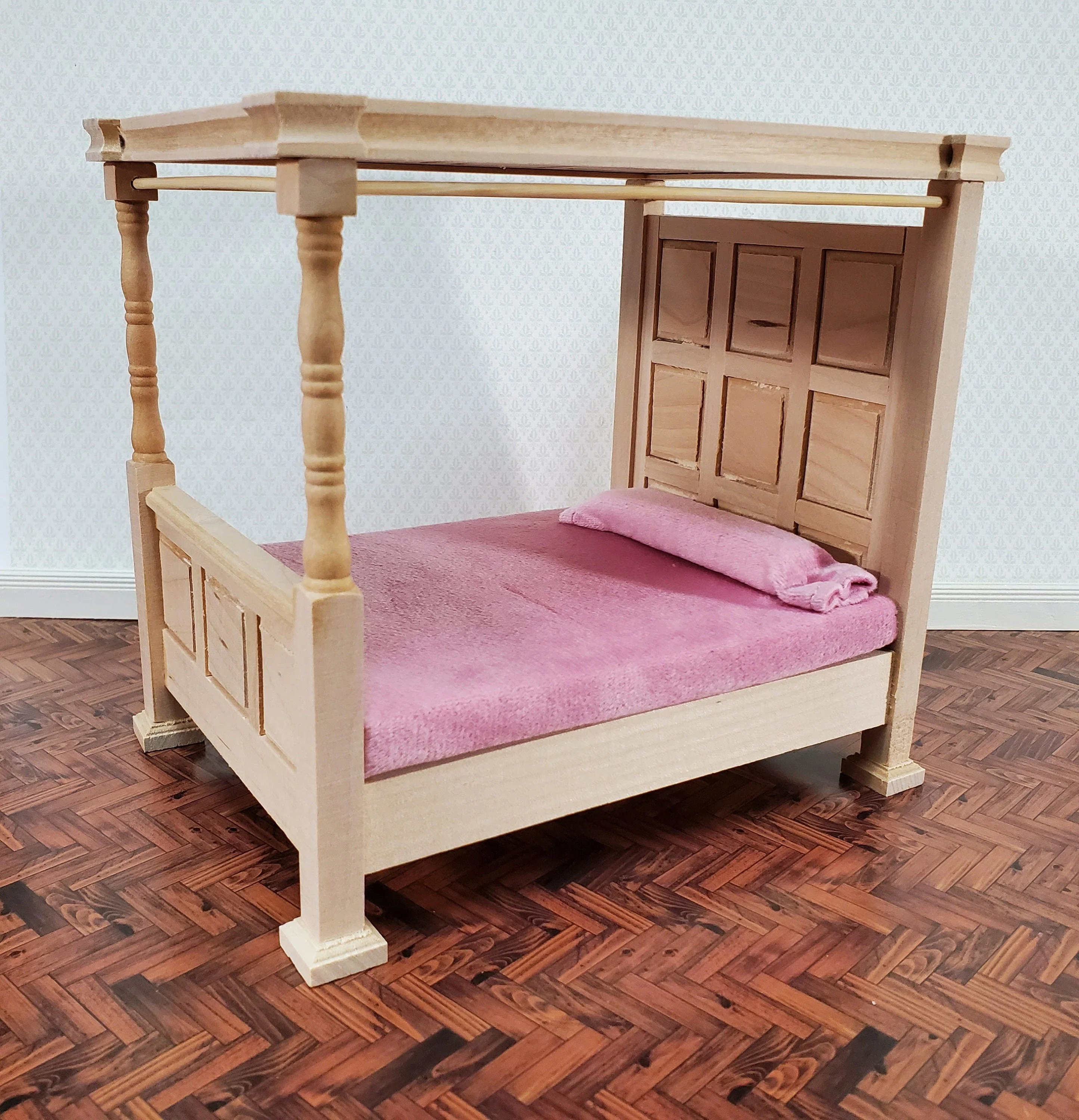 Dollhouse Bed 4 Poster Canopy Tudor Style Unpainted Wood 1:12 Scale Miniature Bedroom Furniture - Image 4