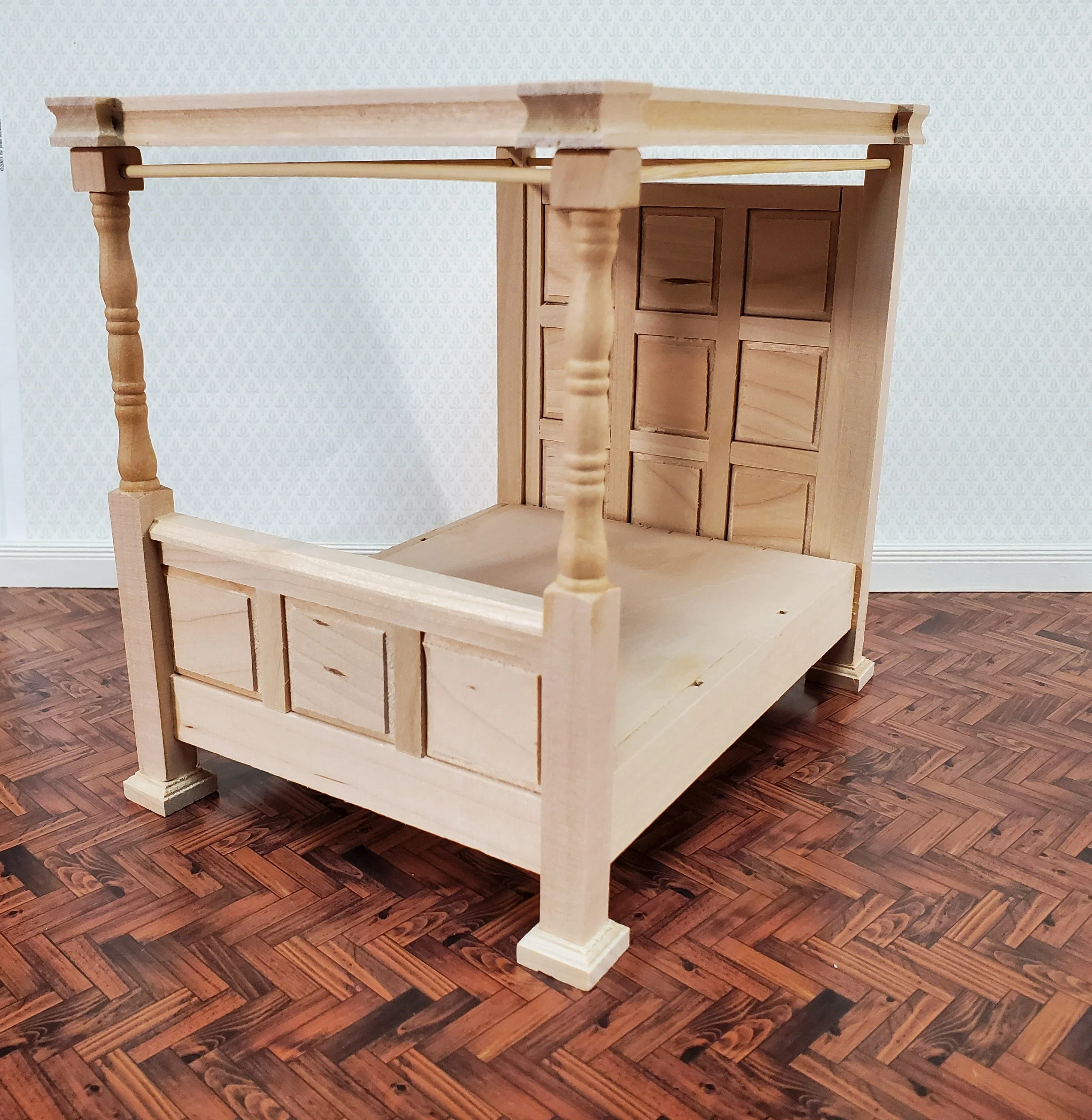 Dollhouse Bed 4 Poster Canopy Tudor Style Unpainted Wood 1:12 Scale Miniature Bedroom Furniture - Image 5