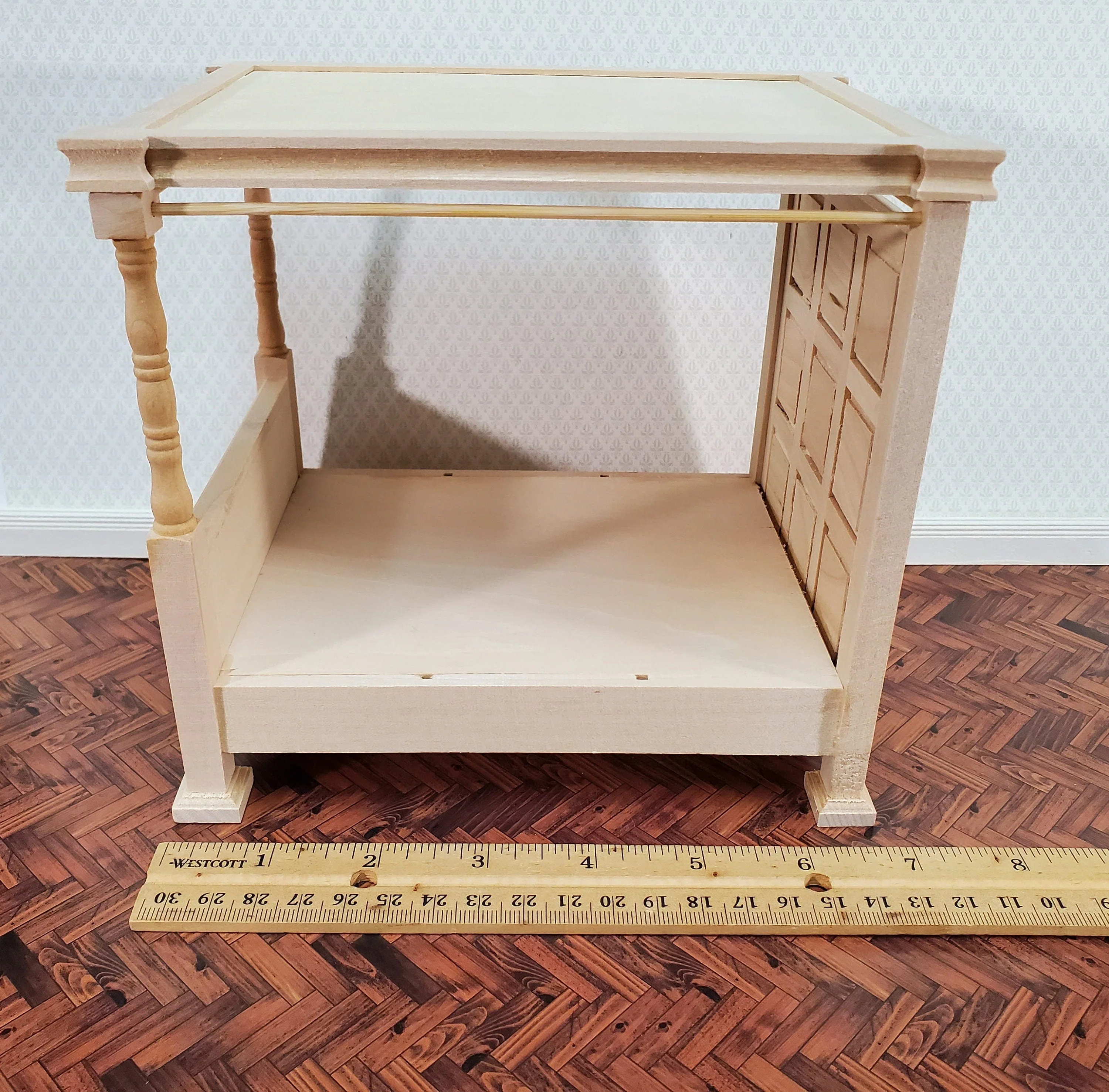 Dollhouse Bed 4 Poster Canopy Tudor Style Unpainted Wood 1:12 Scale Miniature Bedroom Furniture - Image 6