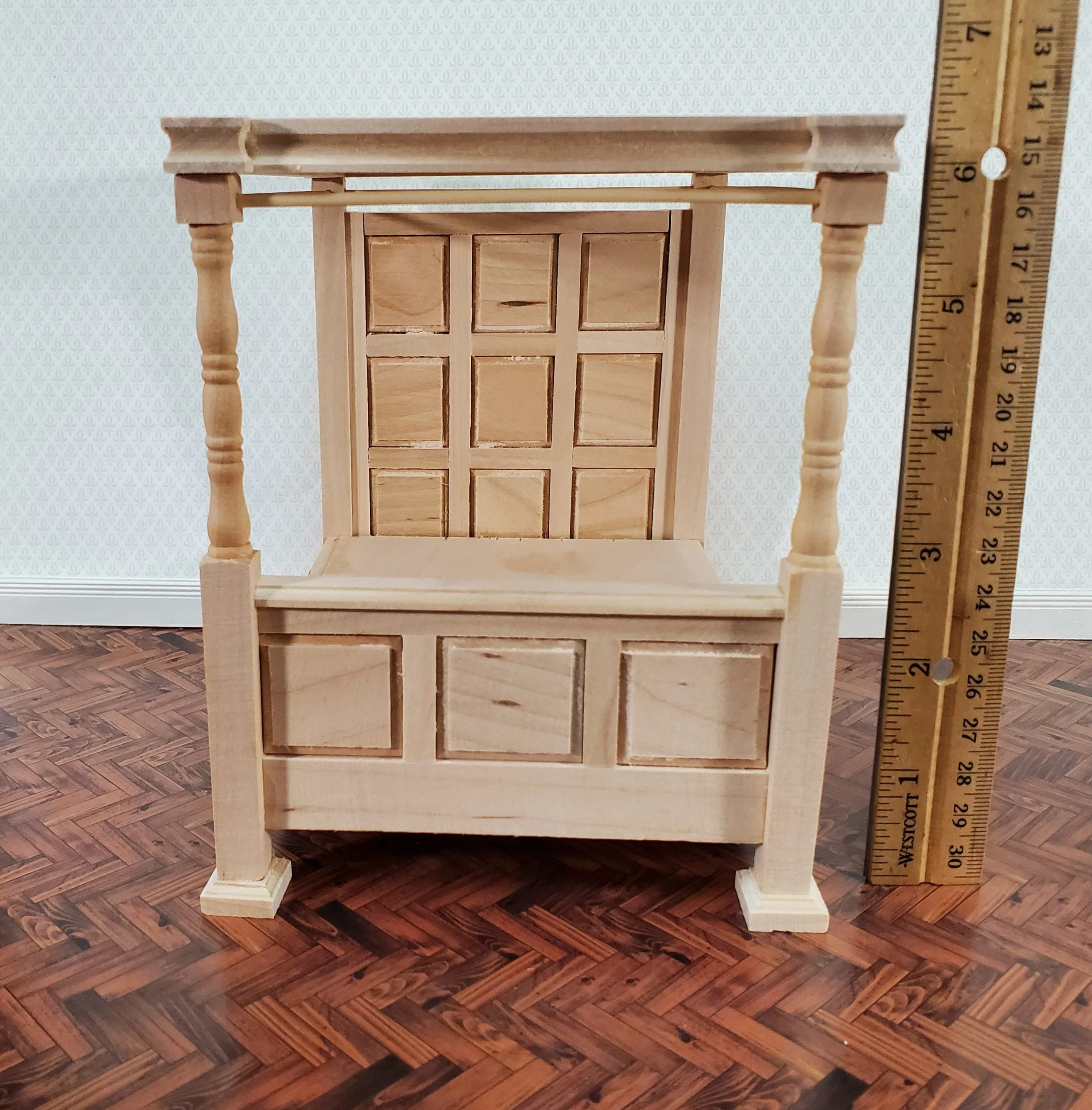 Dollhouse Bed 4 Poster Canopy Tudor Style Unpainted Wood 1:12 Scale Miniature Bedroom Furniture - Image 7