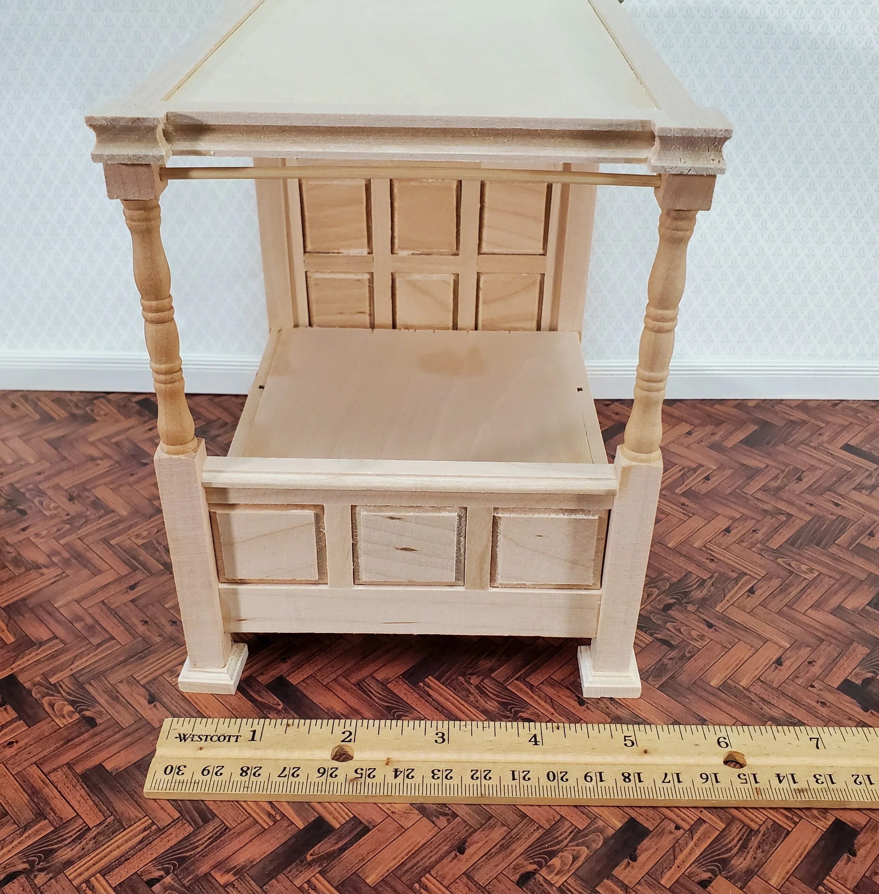 Dollhouse Bed 4 Poster Canopy Tudor Style Unpainted Wood 1:12 Scale Miniature Bedroom Furniture - Image 8