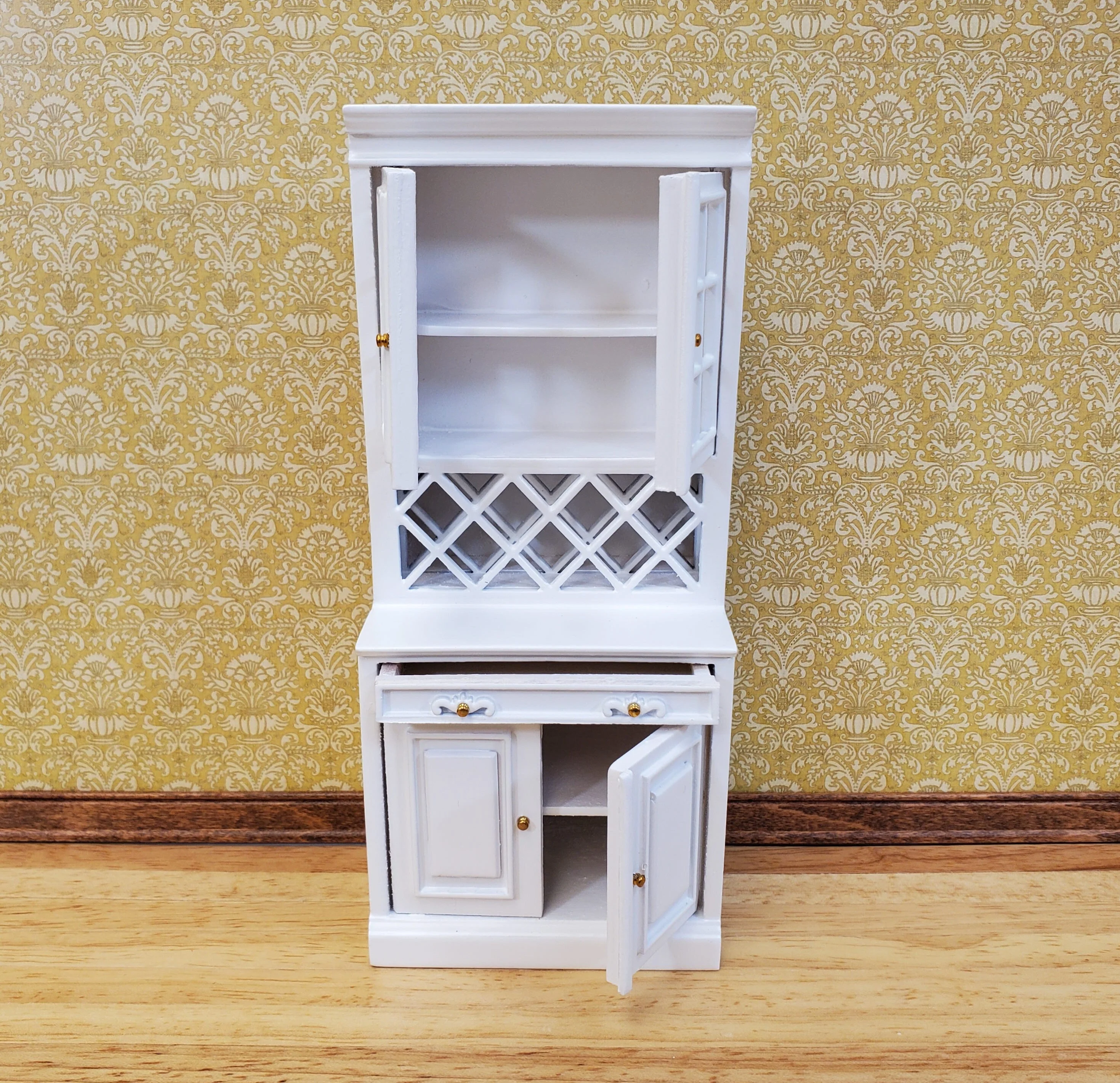 Dollhouse Cabinet Hutch with Wine Rack White Finish 1:12 Scale Miniature Furniture - Image 3
