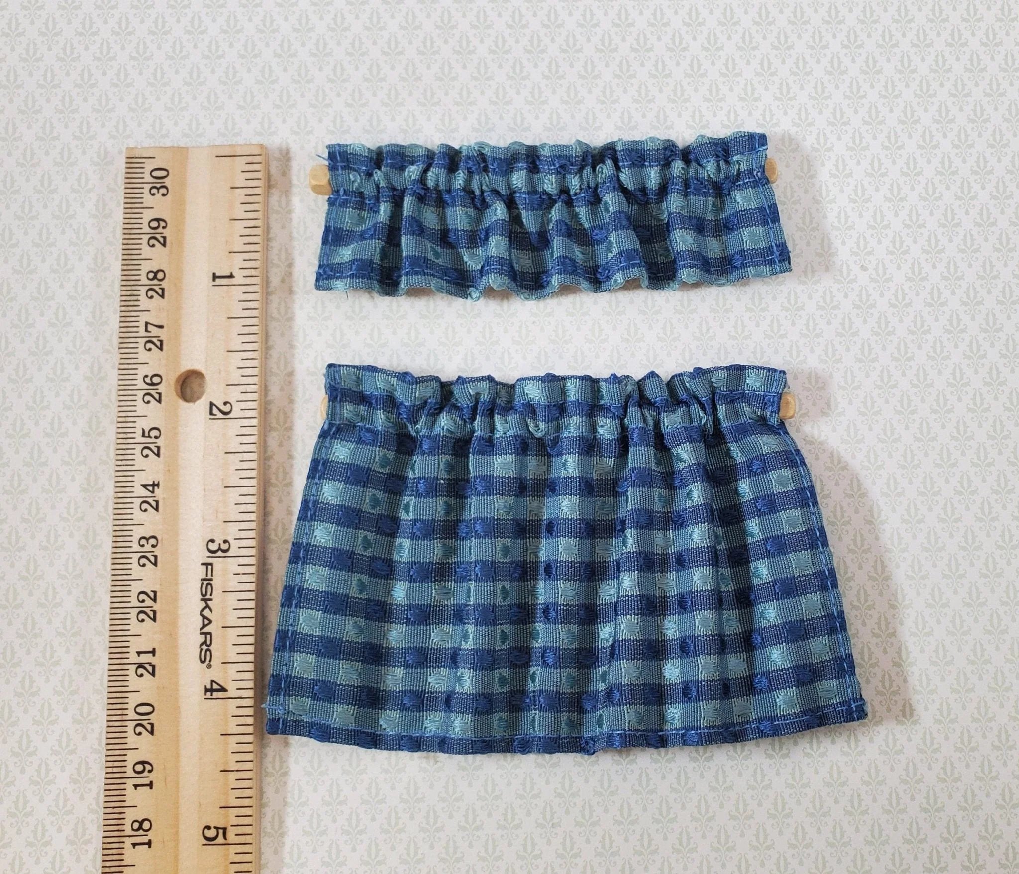 Dollhouse Cafe Curtains Blues with Curtain Rod 1:12 Scale Handmade - Image 3