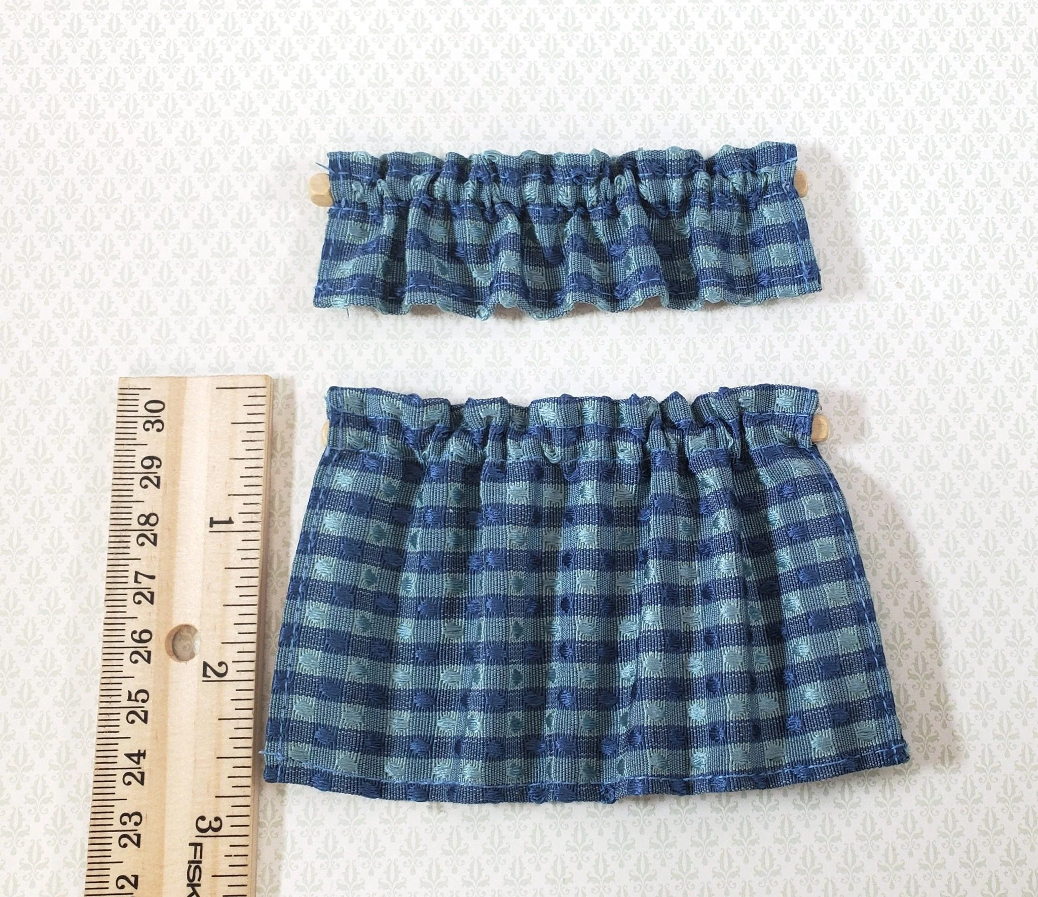 Dollhouse Cafe Curtains Blues with Curtain Rod 1:12 Scale Handmade - Image 4