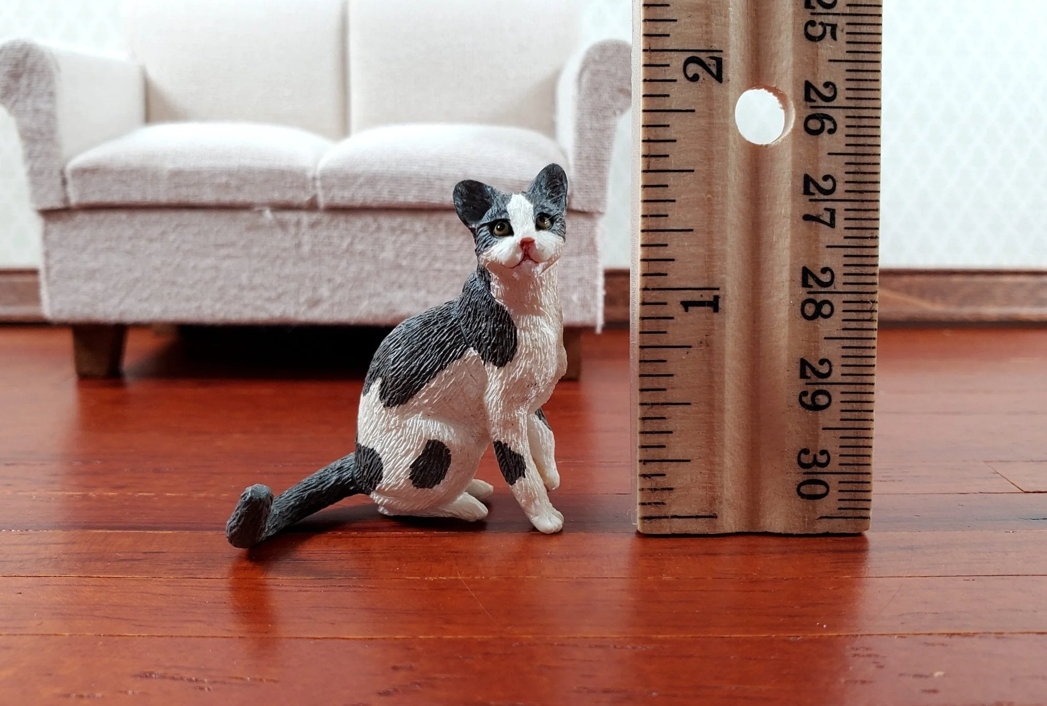 Dollhouse Cat Gray and White Sitting 1:12 Scale (Large) Miniature Kitty Pet - Image 4