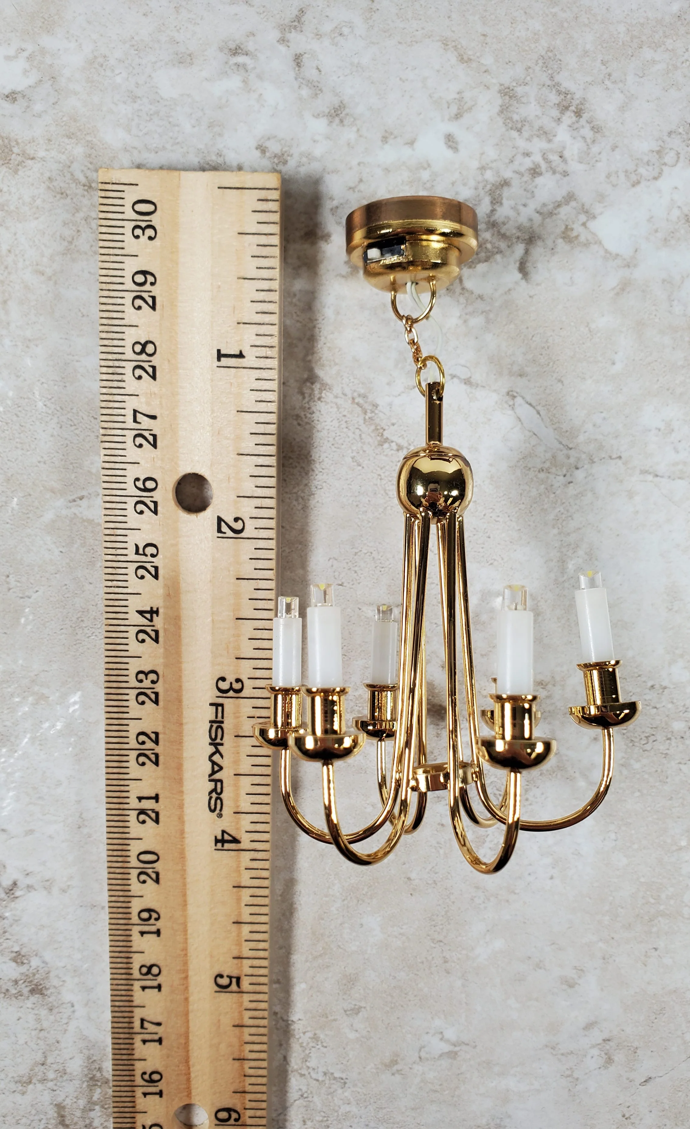 Dollhouse Chandelier LED Battery Operated Gold 6 Arm Light 1:12 Scale Miniature - Image 7