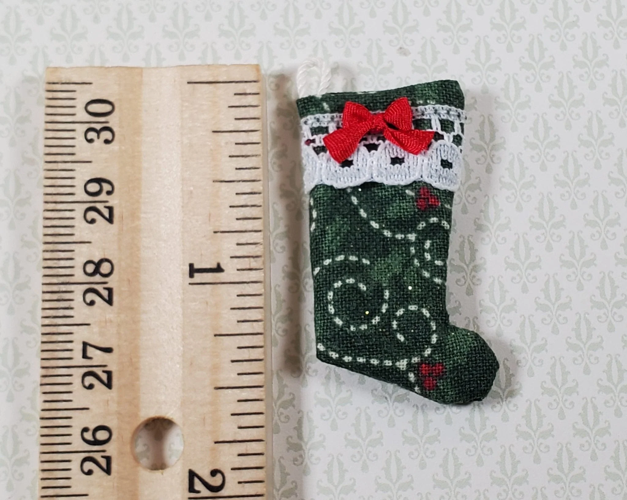 Dollhouse Christmas Stocking Green with Red Bow Handmade 1:12 Scale Miniature - Image 3