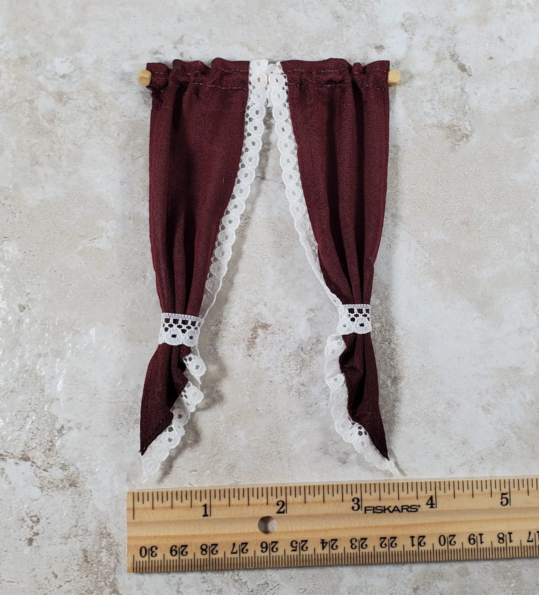 Dollhouse Curtains Burgundy with White Lace 1:12 Scale Miniature Handmade - Image 3