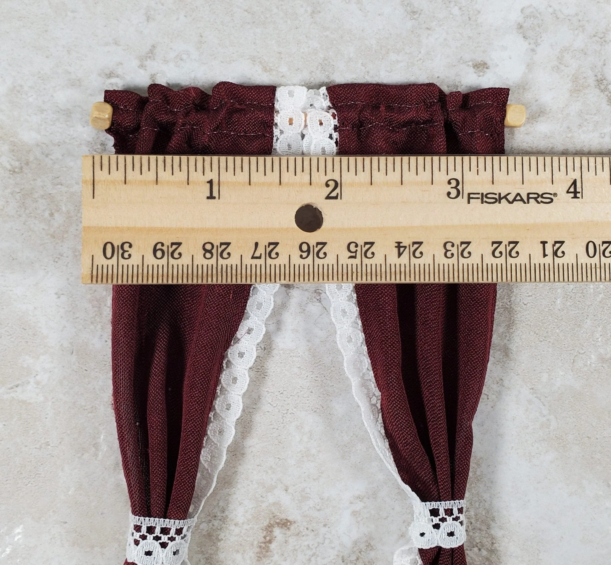 Dollhouse Curtains Burgundy with White Lace 1:12 Scale Miniature Handmade - Image 4