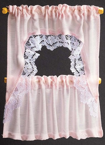 Dollhouse Curtains Cafe Style Light Pink With Lace Wood Curtain Rod 1:12 Scale - Image 6