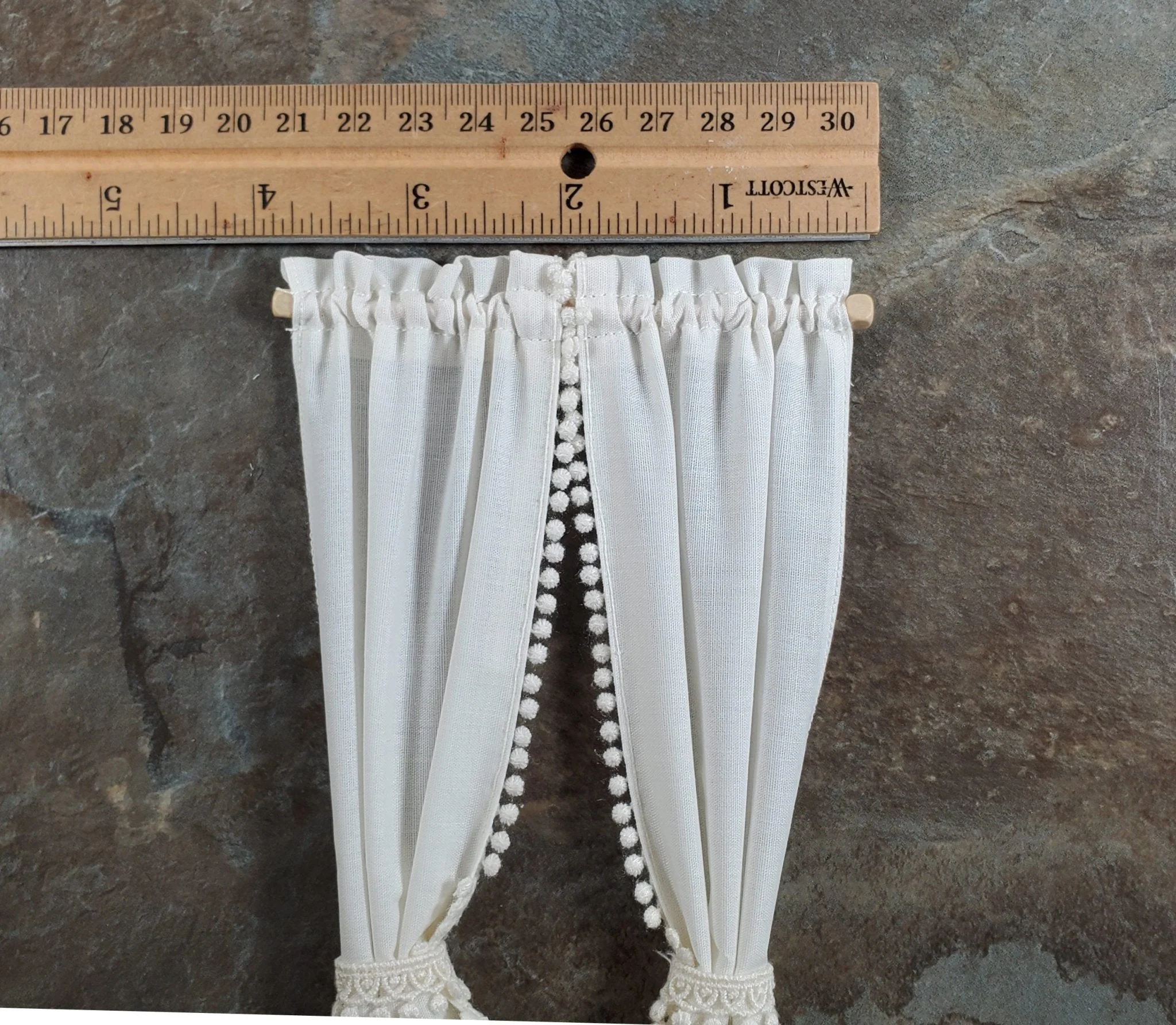 Dollhouse Curtains Fabric Cream Tie Back with Curtain Rod 1:12 Scale Miniatures - Image 3