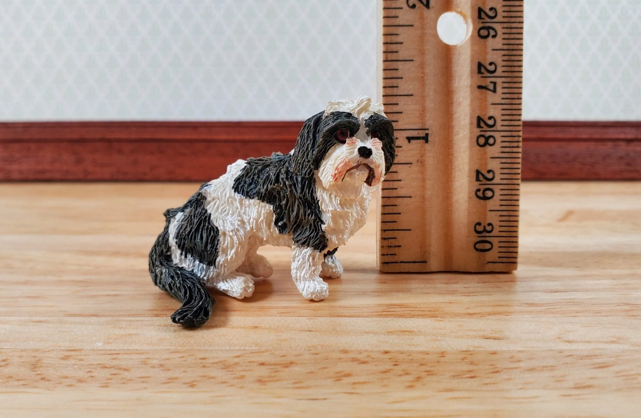 Dollhouse Dog Tibetan Terrier Sitting Black White 1:12 Scale Miniature Animal - Image 4
