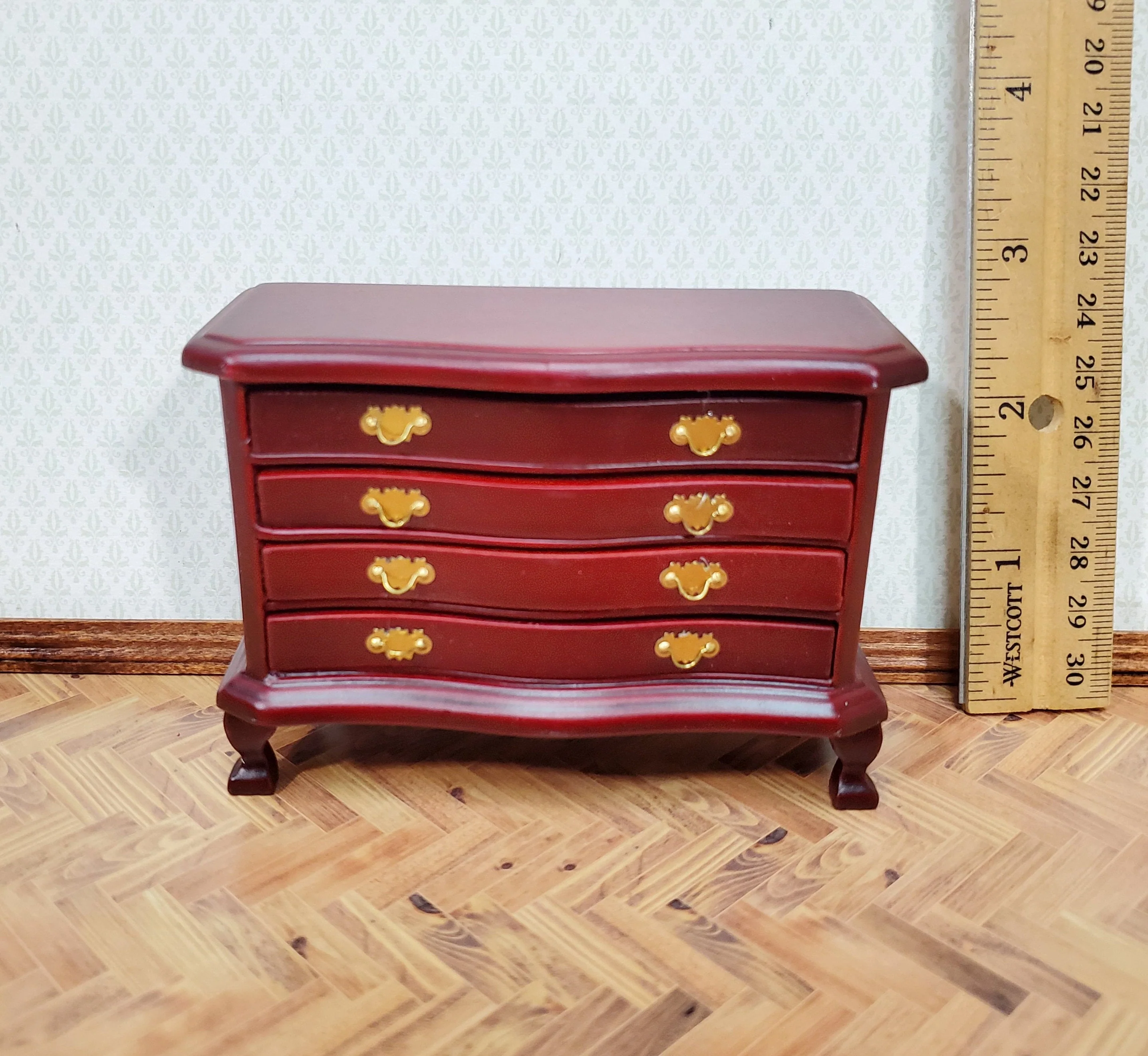 Dollhouse Dresser 4 Drawer Wood Deep Mahogany Finish 1:12 Scale Miniature Furniture - Image 4