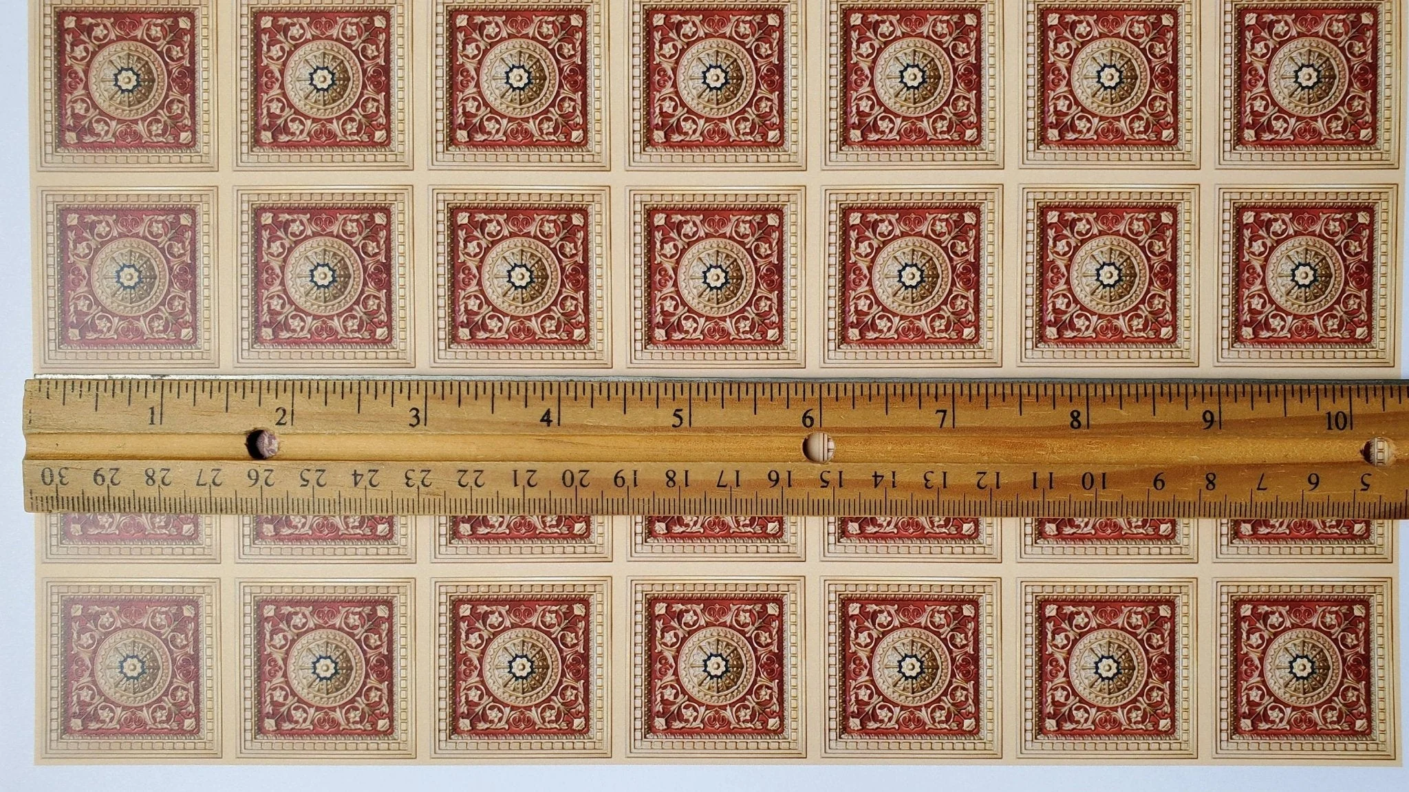 Dollhouse Faux Tin Ceiling Wallpaper (flat) Gold Red/Orange 1:12 Scale Itsy Bitsy - Image 3