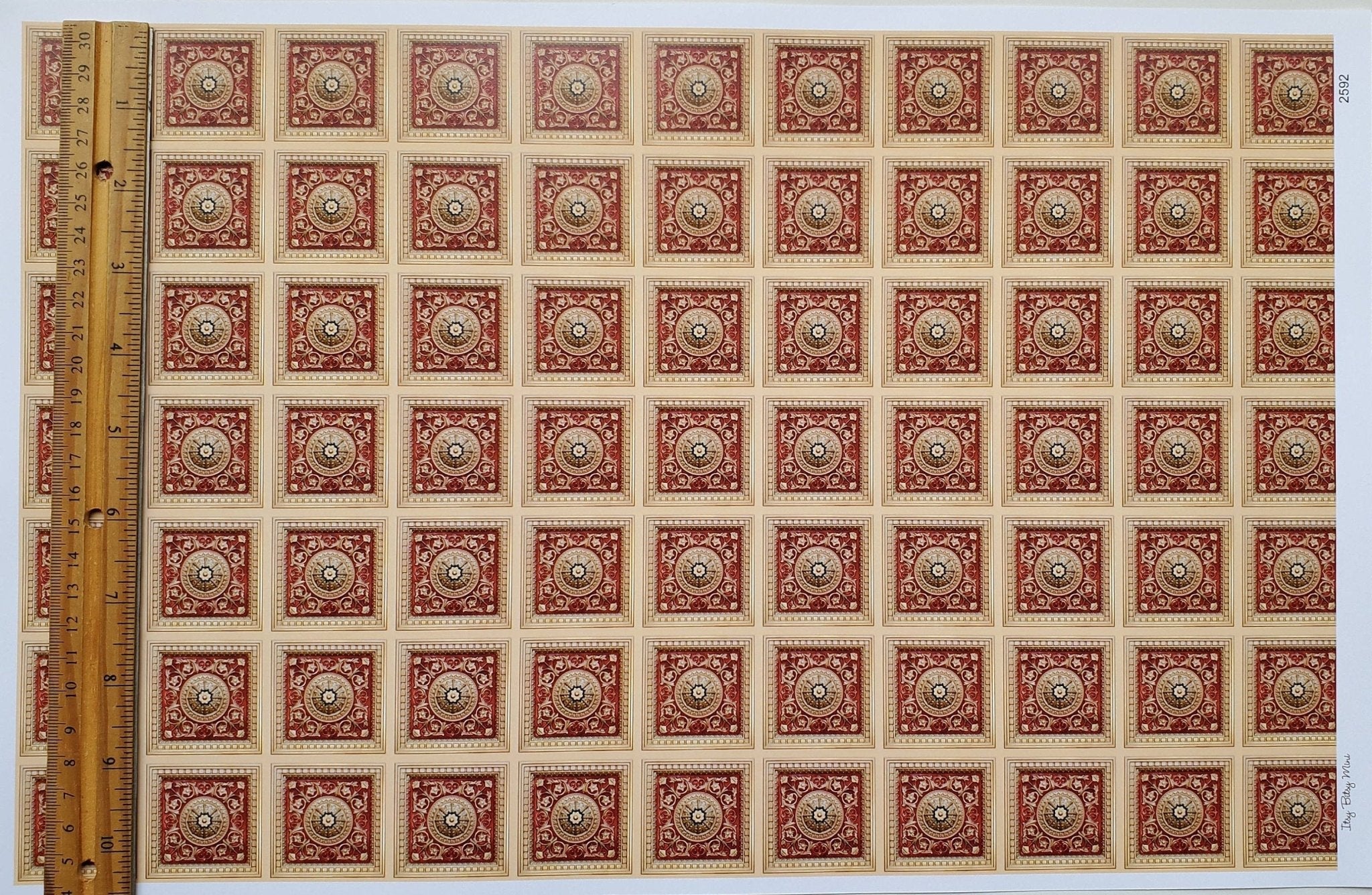 Dollhouse Faux Tin Ceiling Wallpaper (flat) Gold Red/Orange 1:12 Scale Itsy Bitsy - Image 5