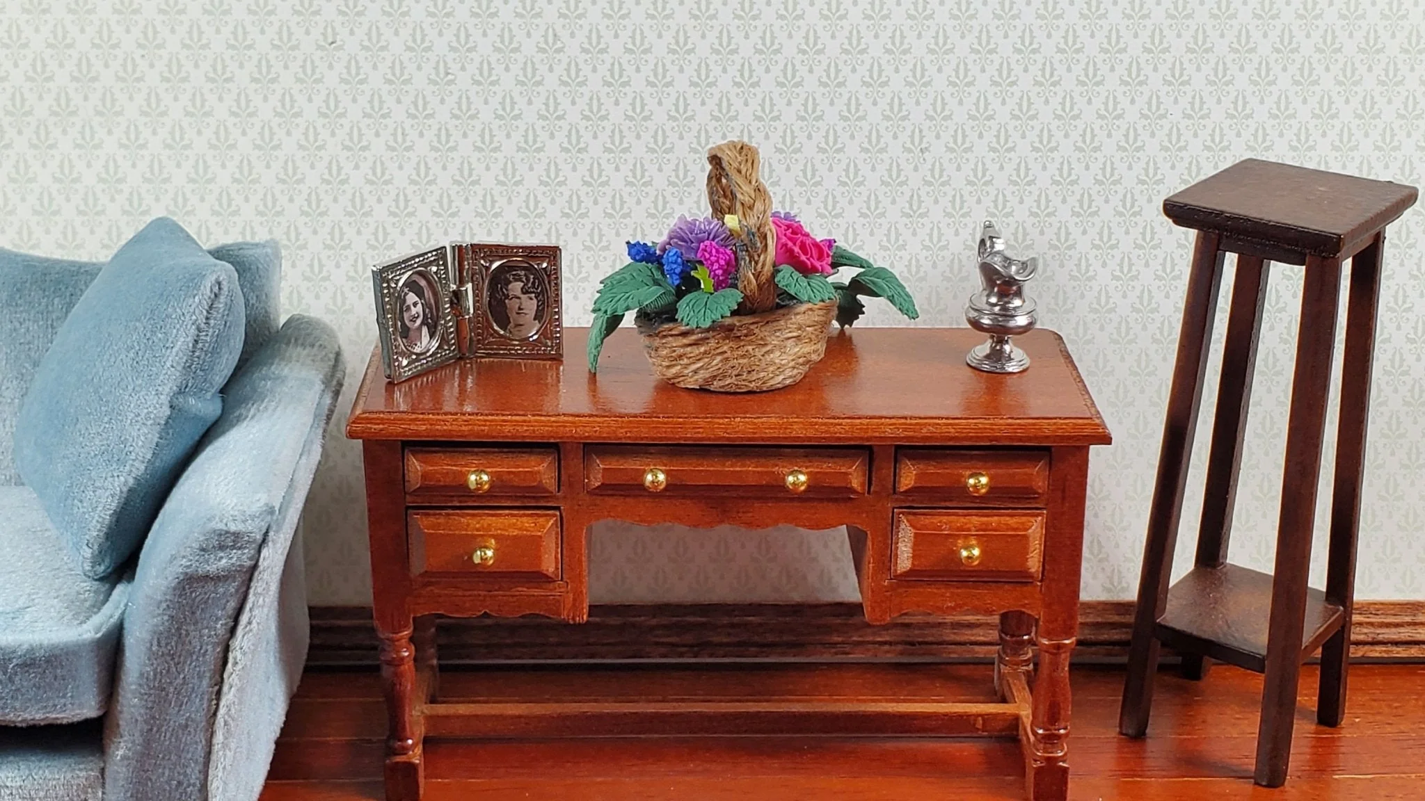 Dollhouse Flowers in a Natural Fiber Basket Pink Purple 1:12 Scale Miniature - Image 3