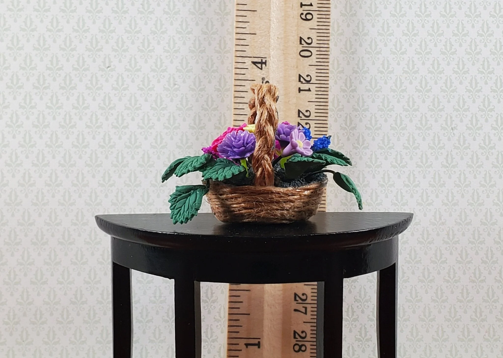 Dollhouse Flowers in a Natural Fiber Basket Pink Purple 1:12 Scale Miniature - Image 4