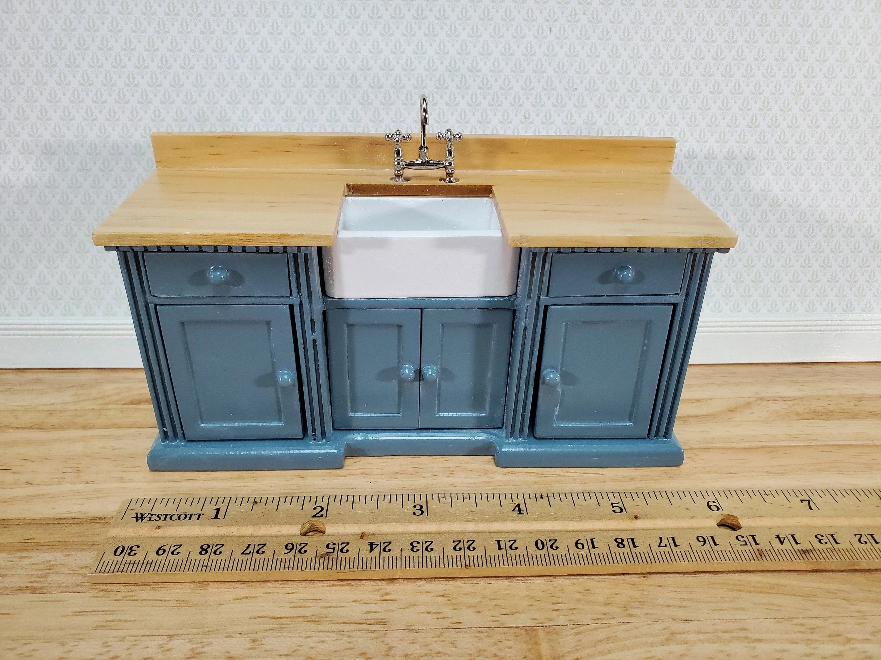 Dollhouse Kitchen Sink Cabinet 1:12 Scale Miniature Blue/Gray Farmhouse Style - Image 4