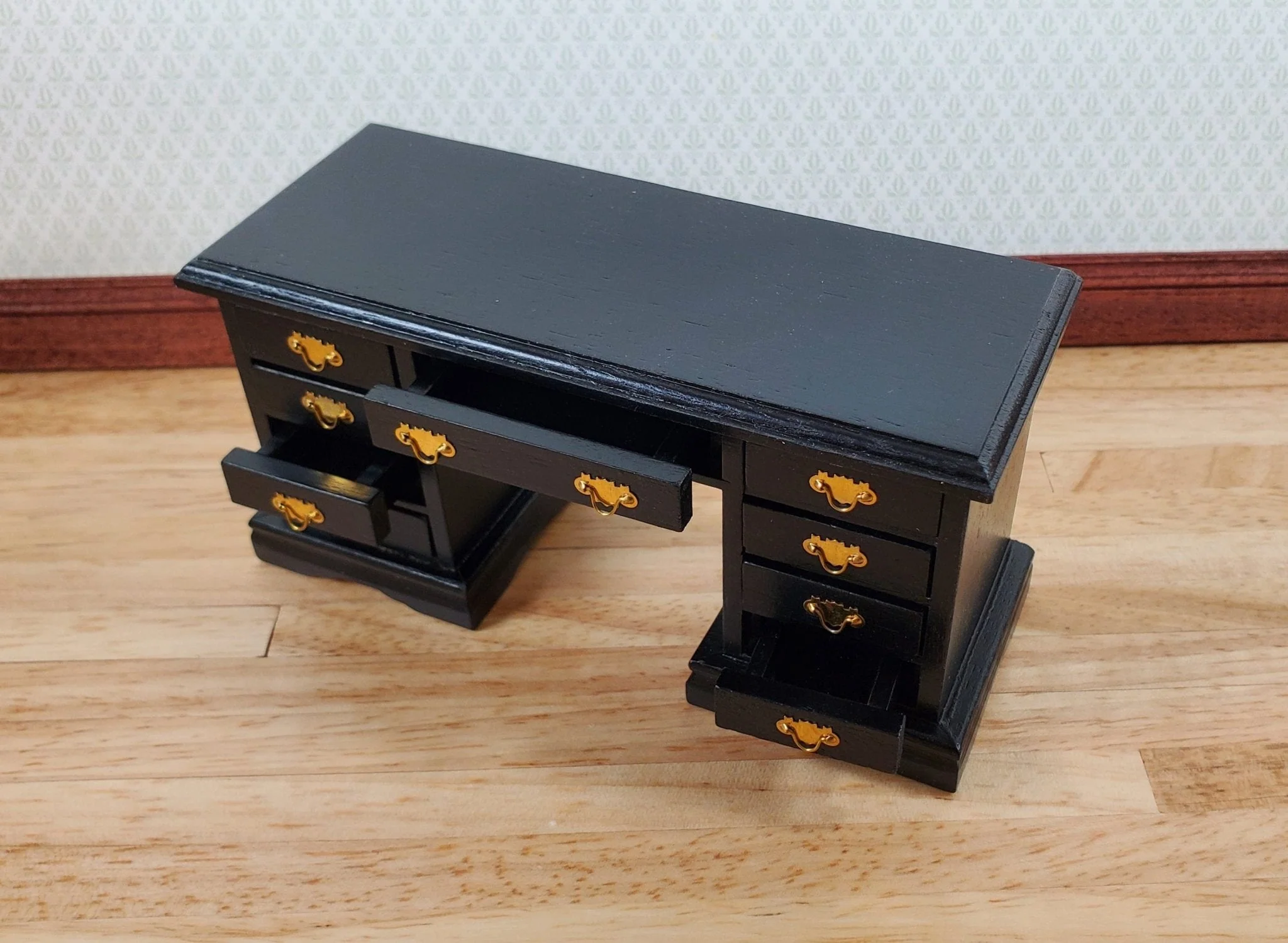 Dollhouse Kneehole Writing Desk 9 Drawers Black 1:12 Scale Miniature Furniture - Image 3