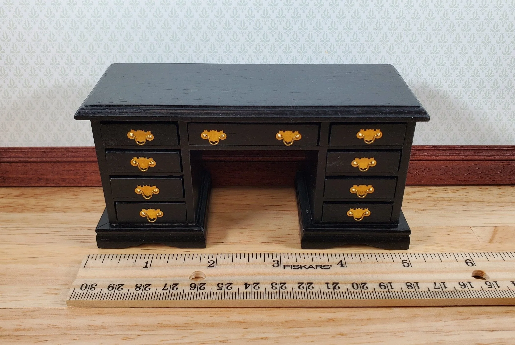 Dollhouse Kneehole Writing Desk 9 Drawers Black 1:12 Scale Miniature Furniture - Image 4