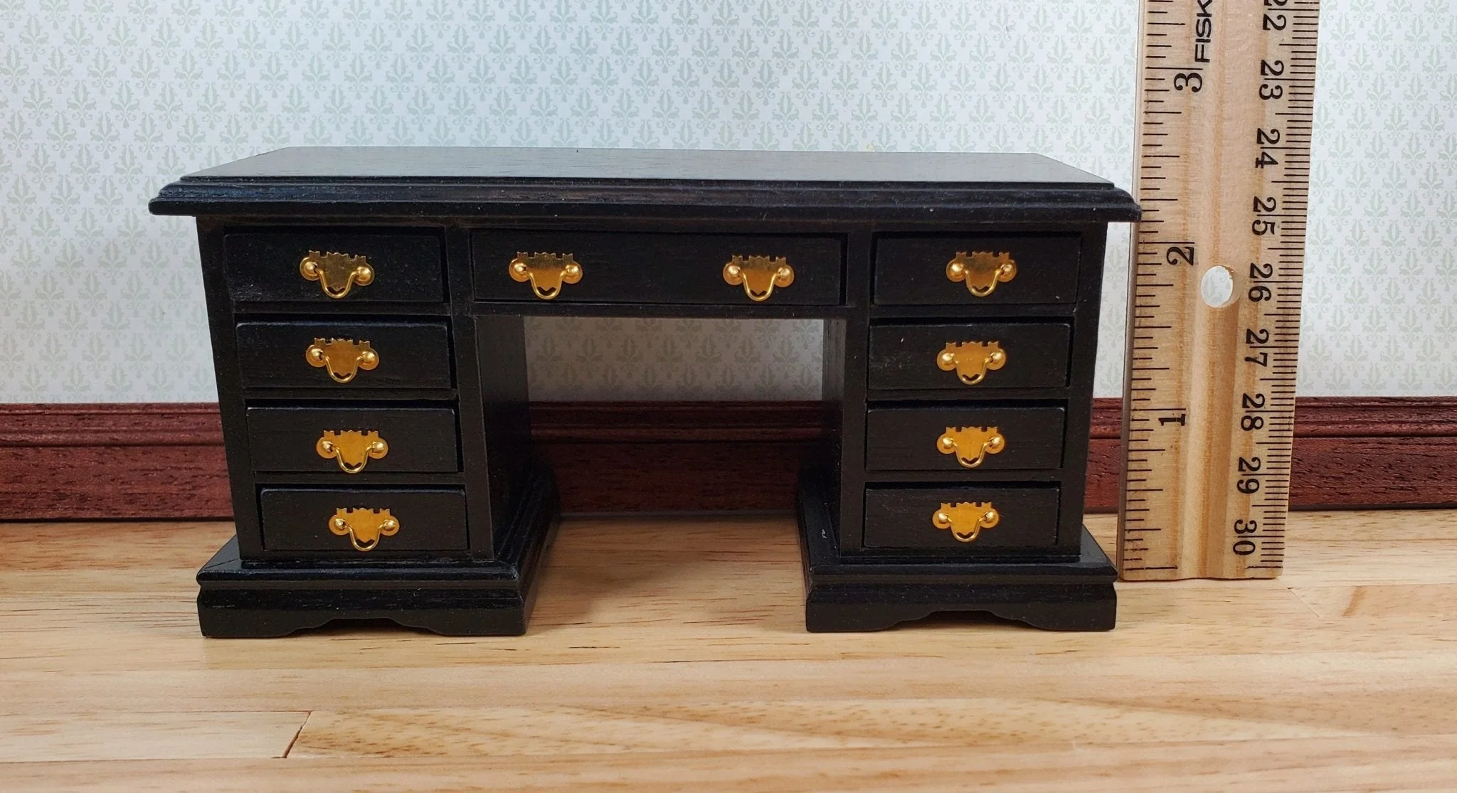 Dollhouse Kneehole Writing Desk 9 Drawers Black 1:12 Scale Miniature Furniture - Image 5