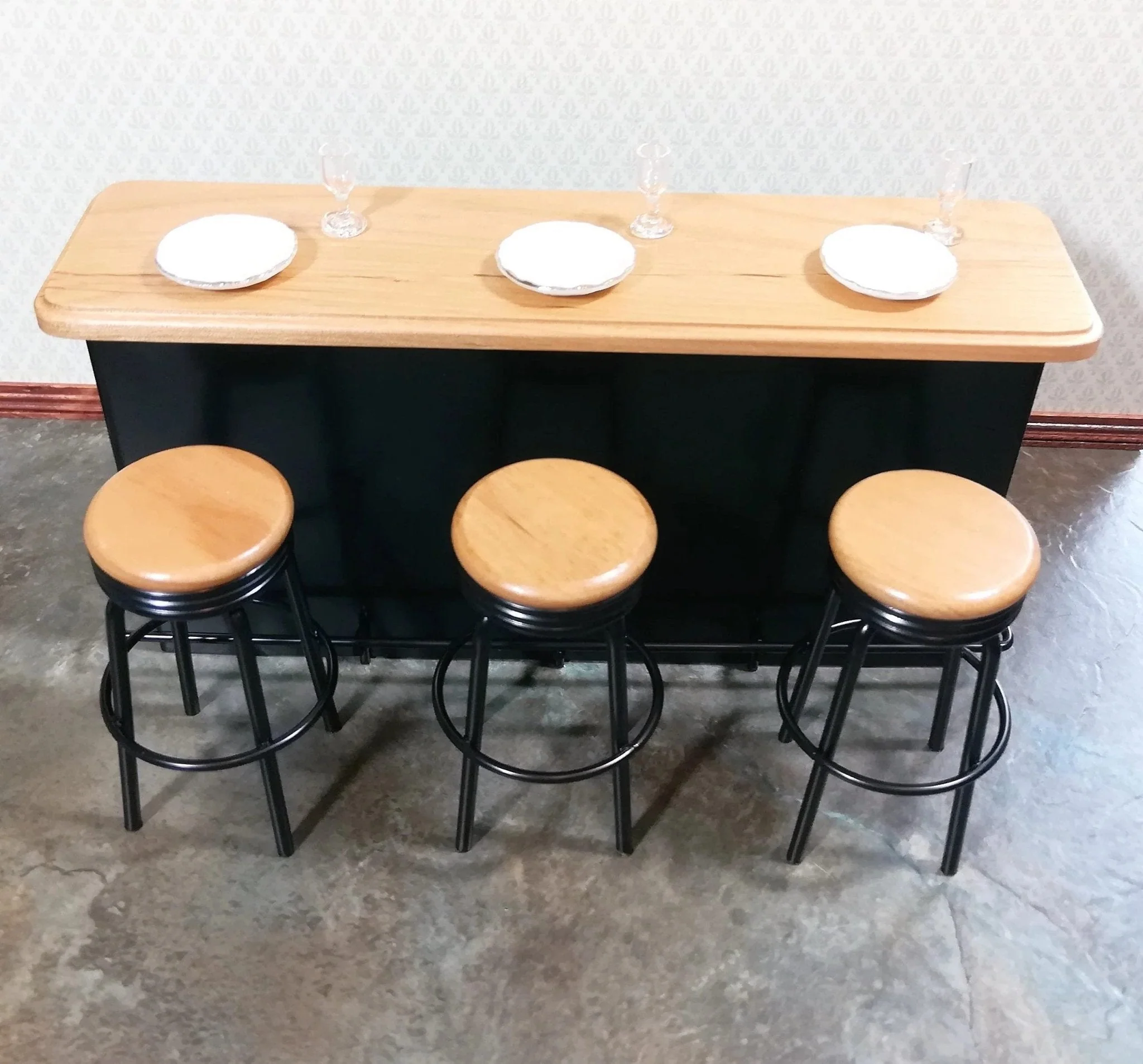 Dollhouse Miniature Bar Counter 3 Stools Black Metal & Oak Wood 1:12 Scale Large - Image 3