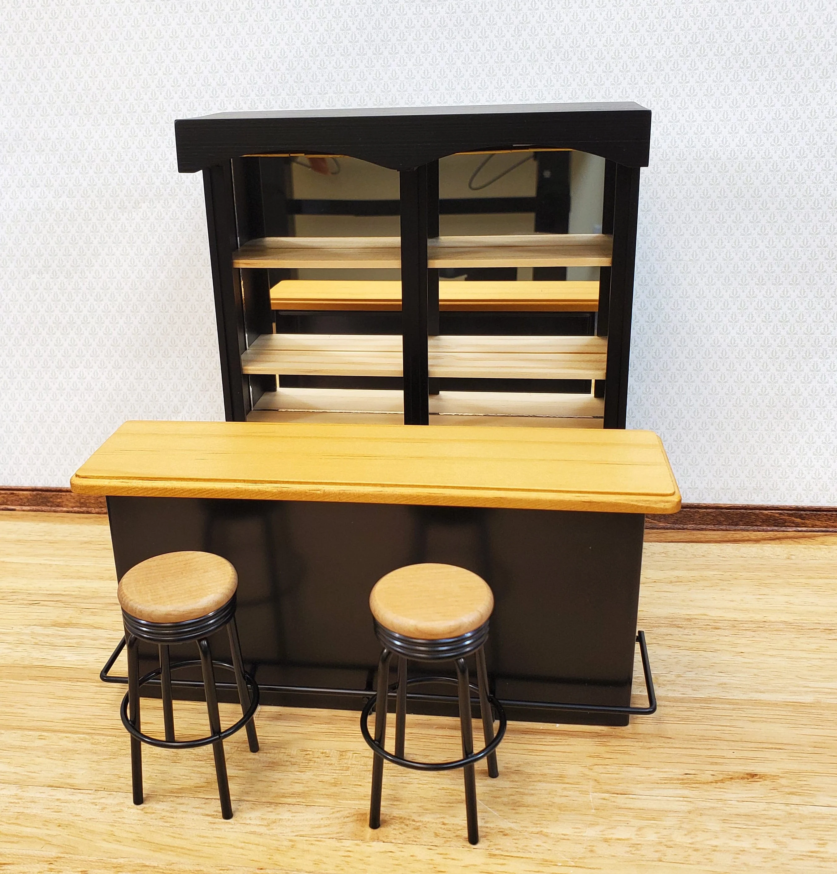 Dollhouse Miniature Bar Counter 3 Stools Black Metal & Oak Wood 1:12 Scale Large - Image 4