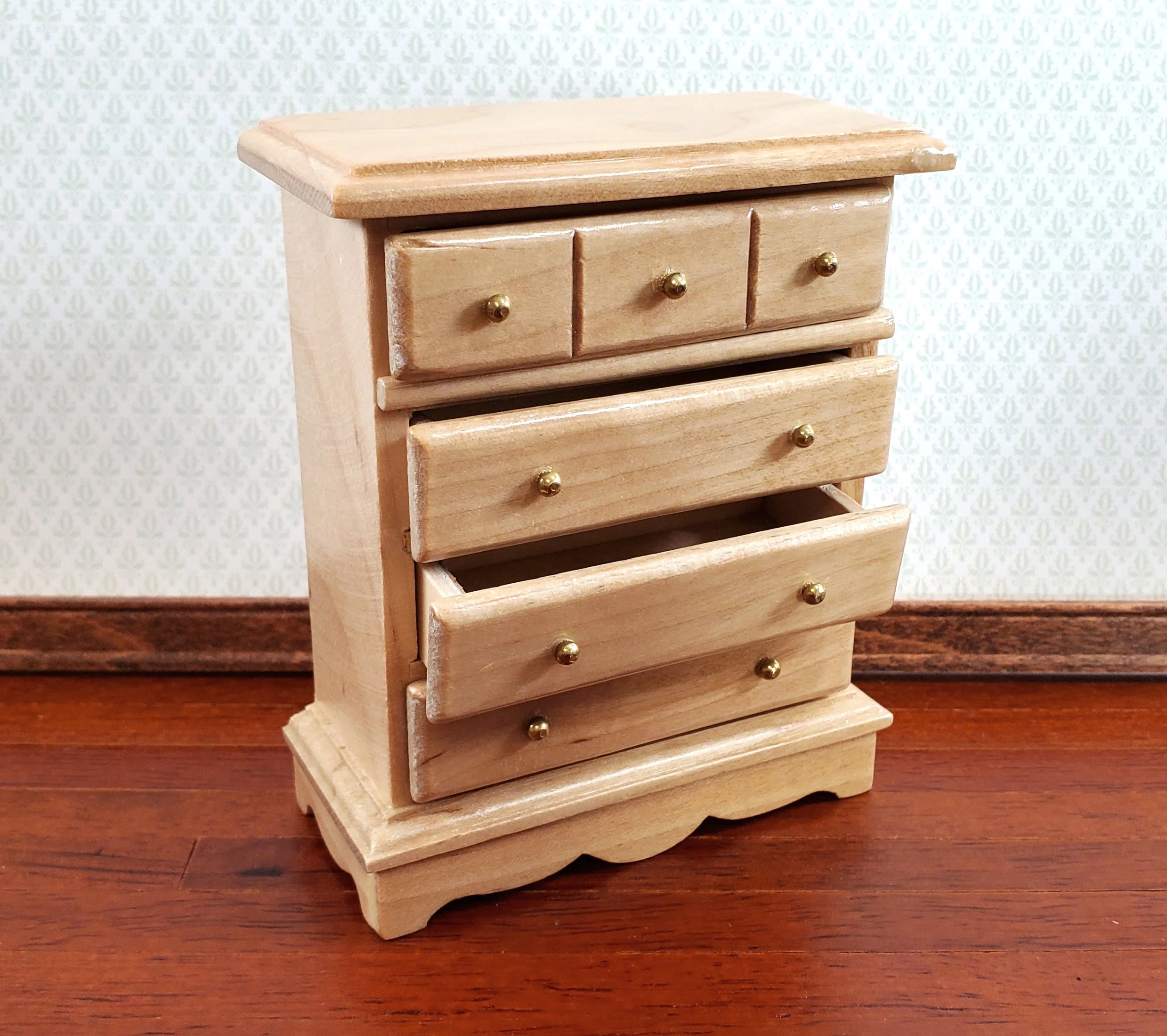 Dollhouse Miniature Dresser Chest Tall 4 Drawer 1:12 Scale Light Oak Finish - Image 3