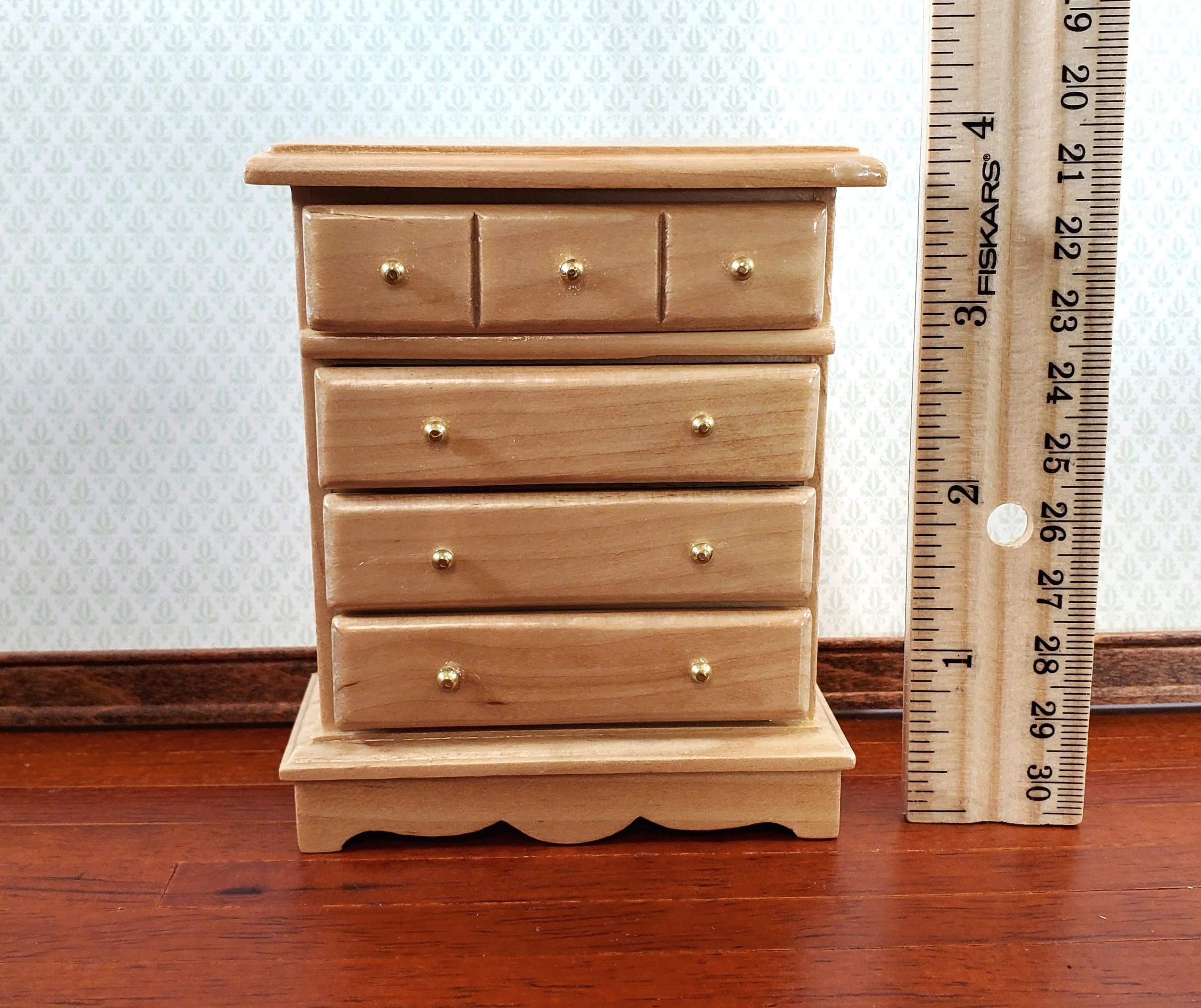 Dollhouse Miniature Dresser Chest Tall 4 Drawer 1:12 Scale Light Oak Finish - Image 4