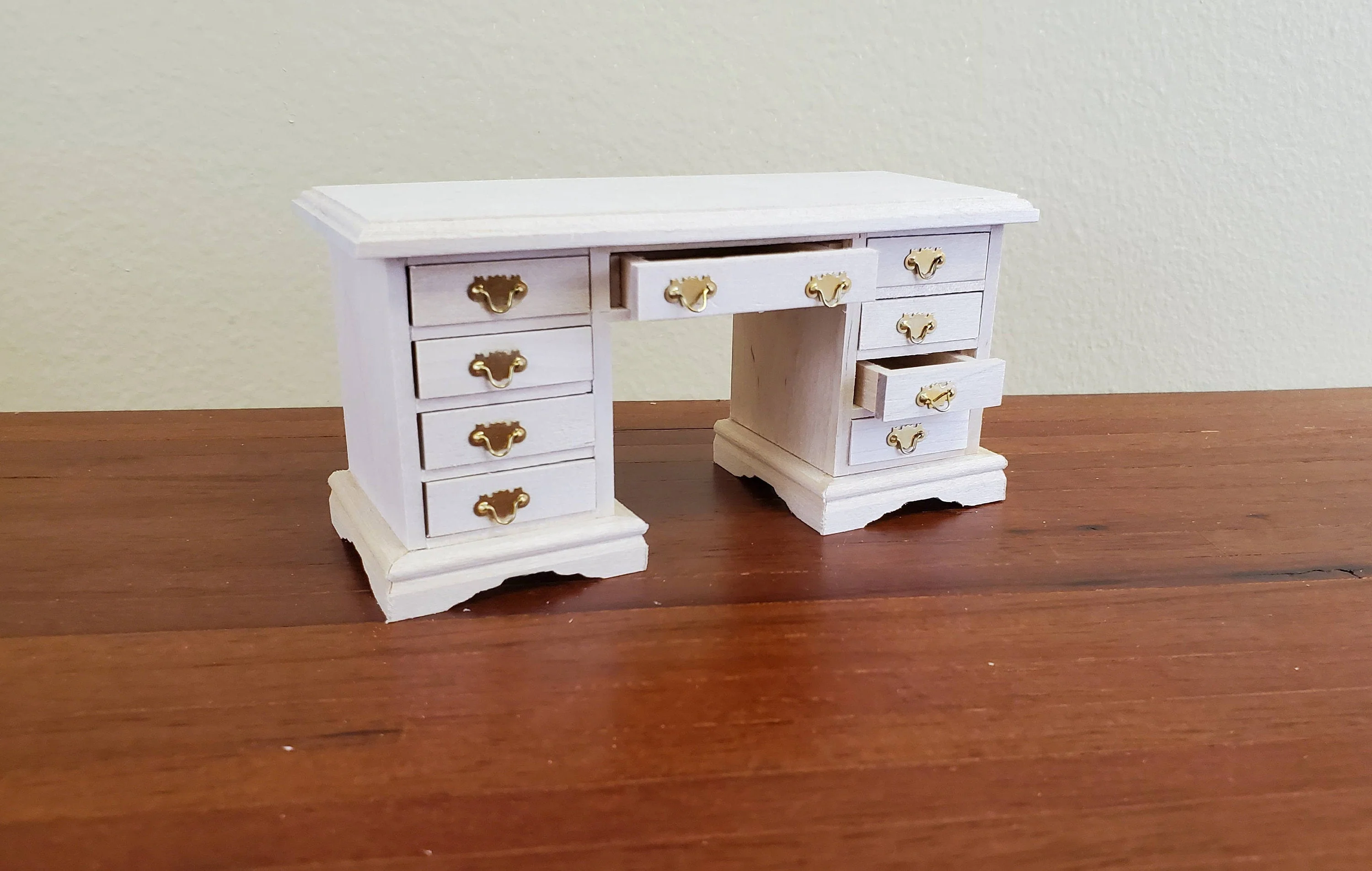 Dollhouse Miniature Kneehole Writing Desk with Drawers 1:12 Scale Furniture Barewood - Image 3