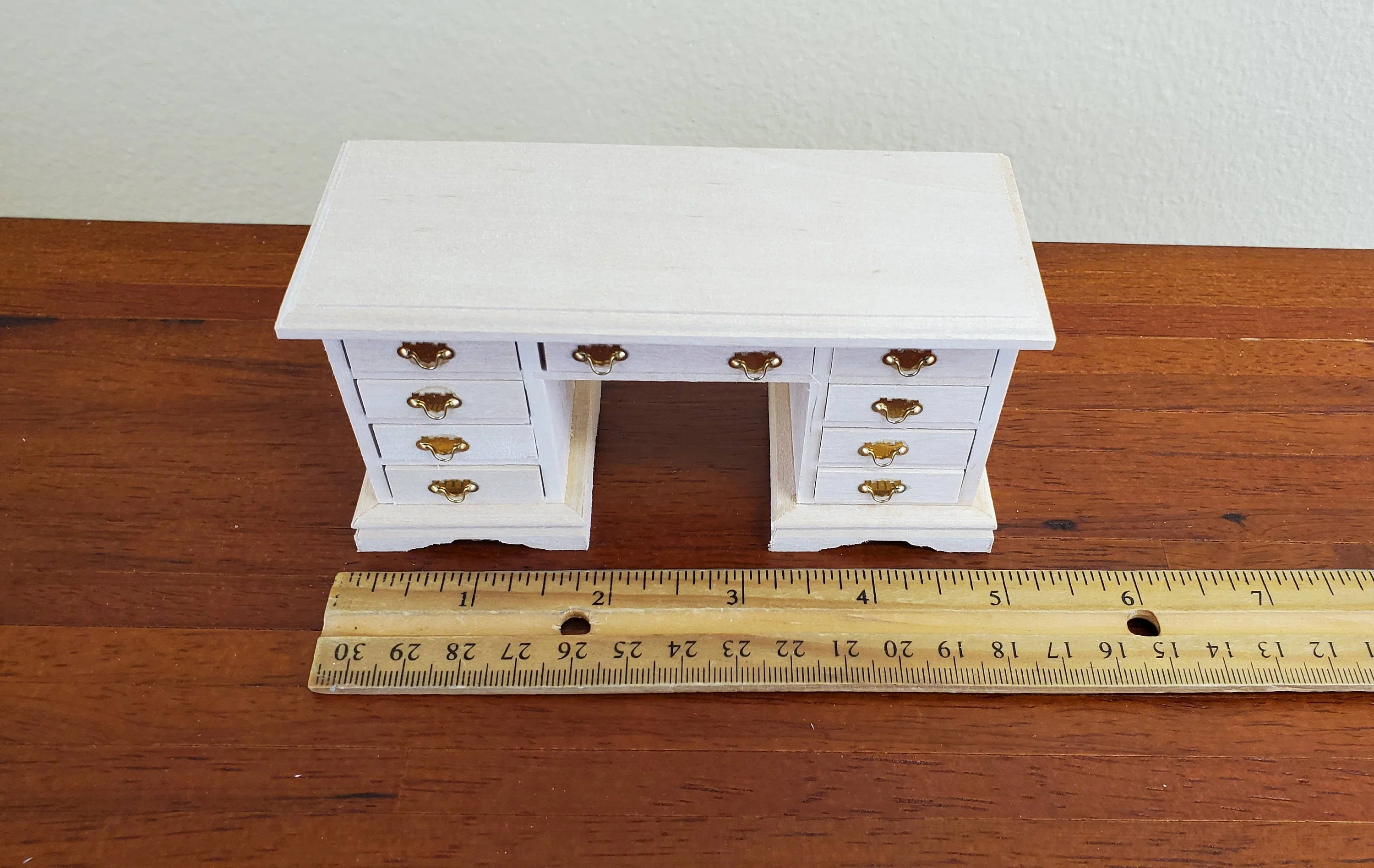 Dollhouse Miniature Kneehole Writing Desk with Drawers 1:12 Scale Furniture Barewood - Image 4