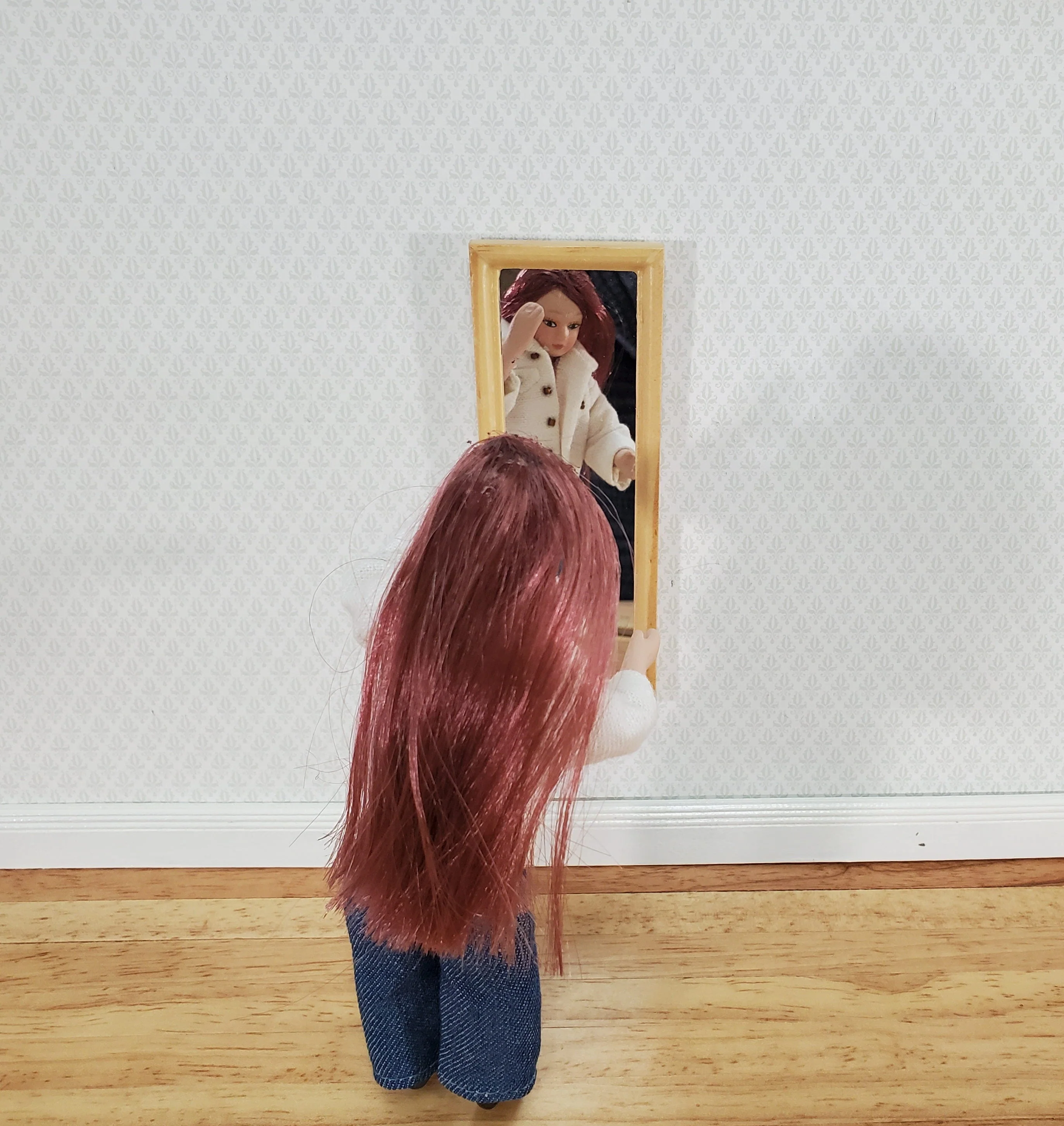 Dollhouse Mirror Full Length Dressing Wood Frame Modern 1:12 Scale Light Oak - Image 3