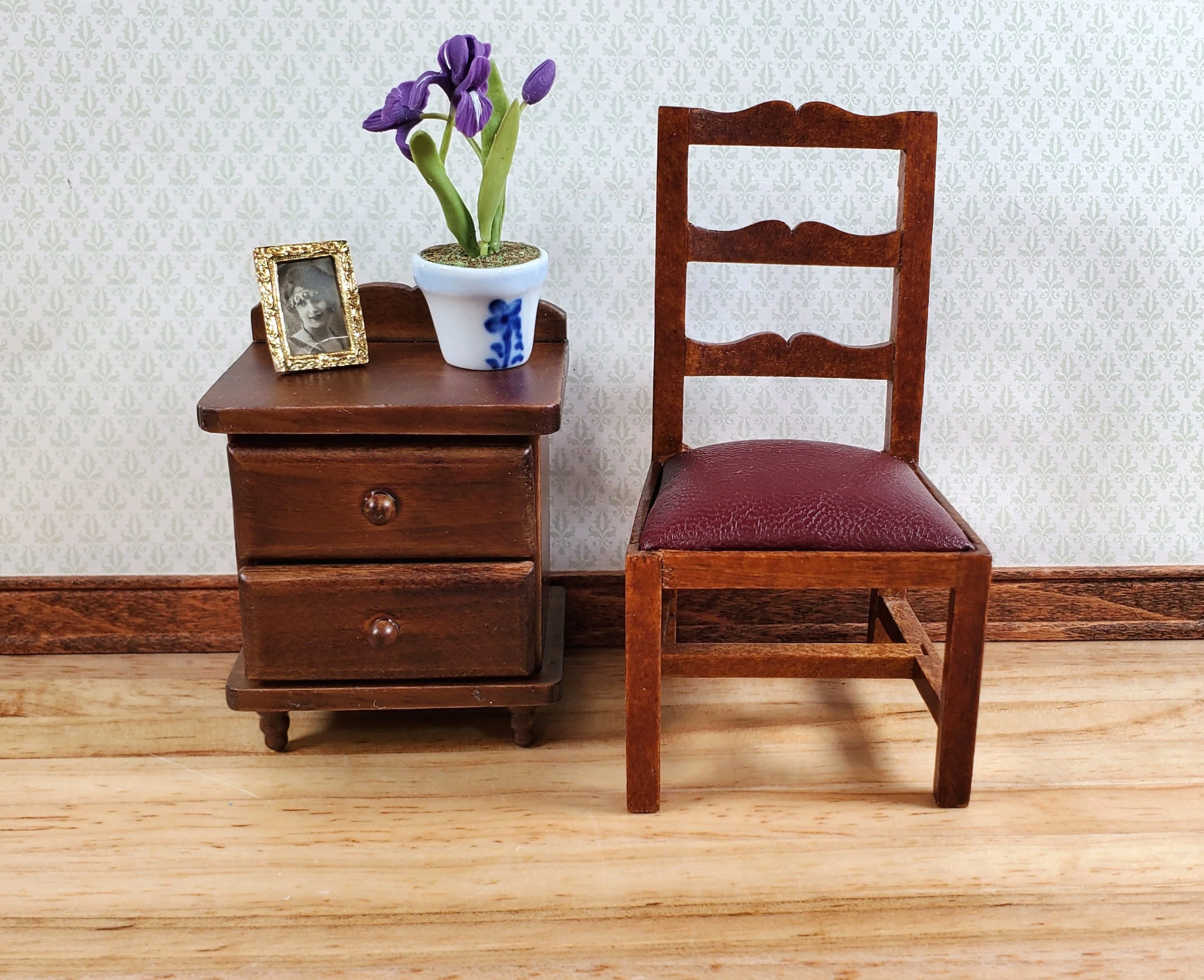 Dollhouse Nightstand Side Table 2 Drawers Walnut Finish 1:12 Scale Miniature Furniture - Image 3
