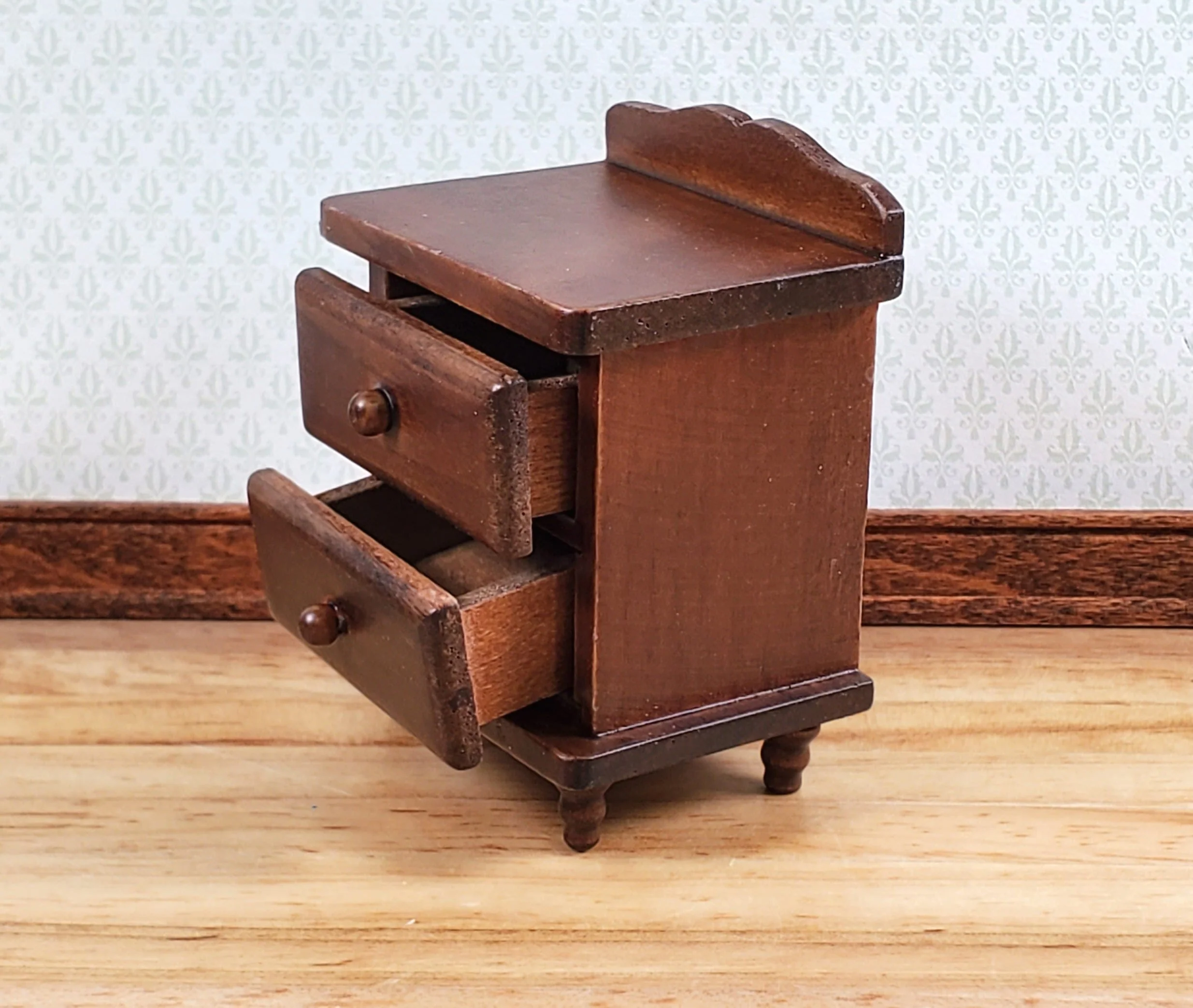 Dollhouse Nightstand Side Table 2 Drawers Walnut Finish 1:12 Scale Miniature Furniture - Image 4