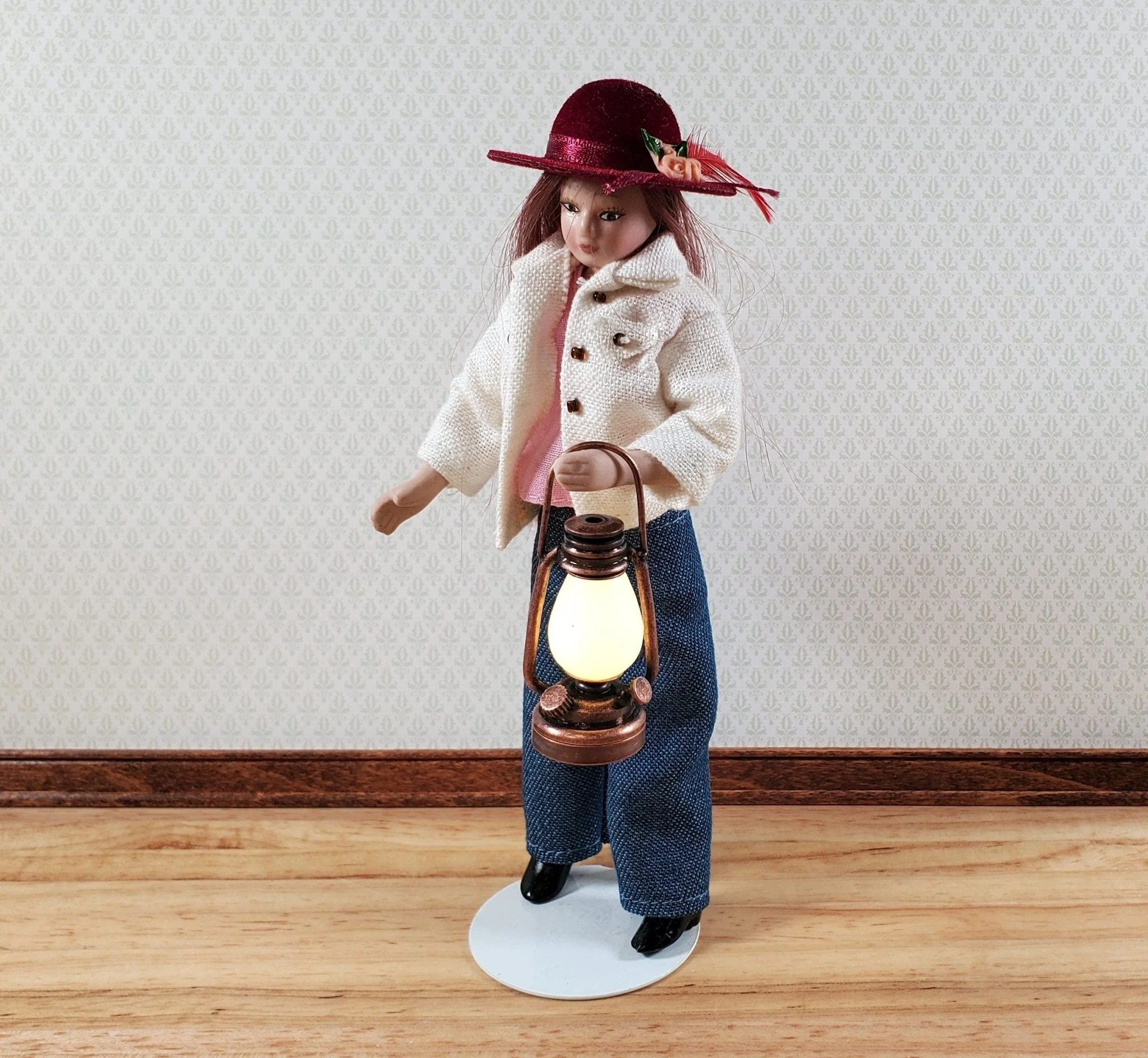 Dollhouse Oil Lantern Lamp Battery Operated Bronze Miniature 1:6 or 1/12 LARGE - Image 3