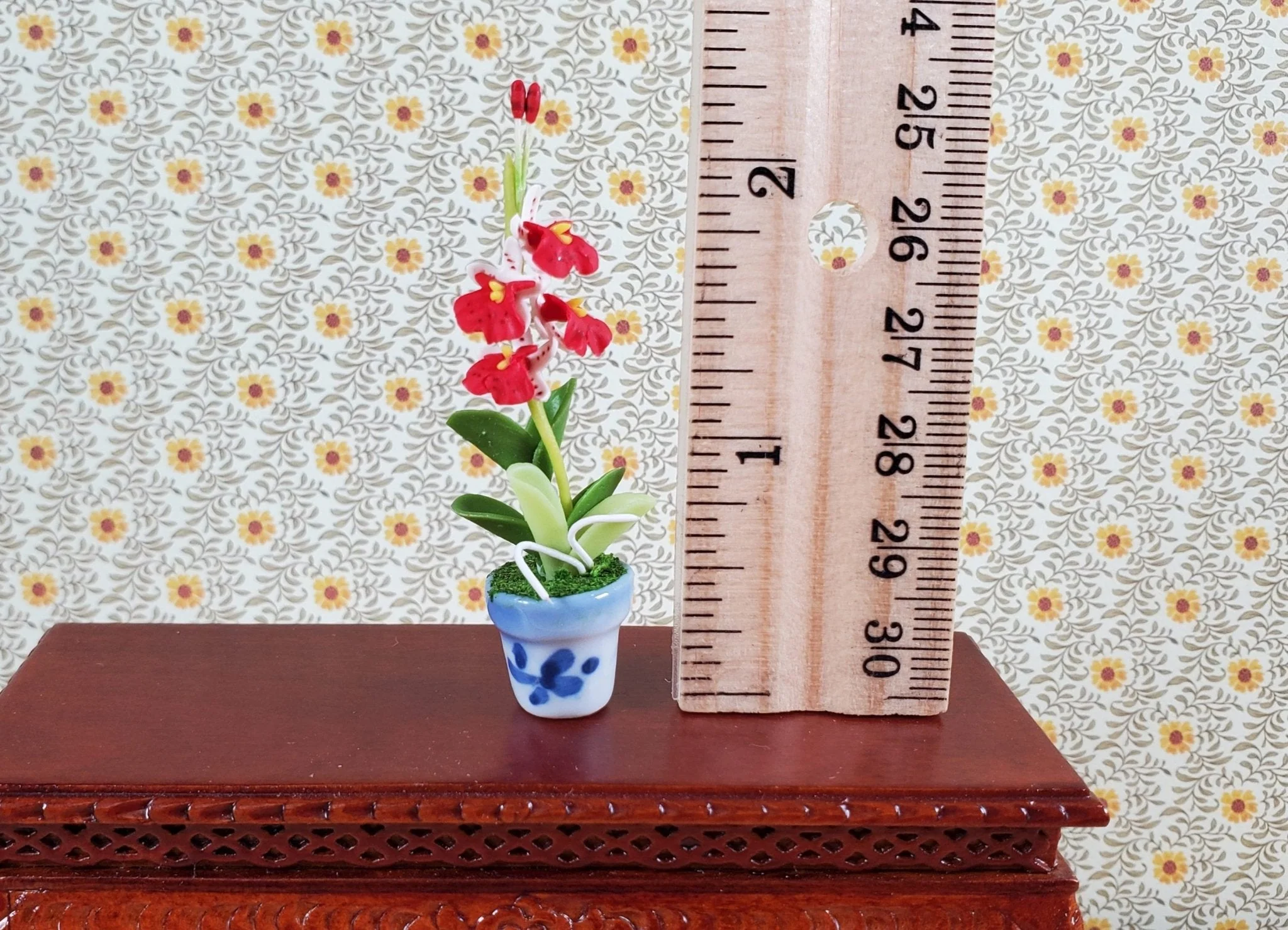 Dollhouse Orchid Plant in Ceramic Planter Red 1:12 Scale Miniature Flowers - Image 3