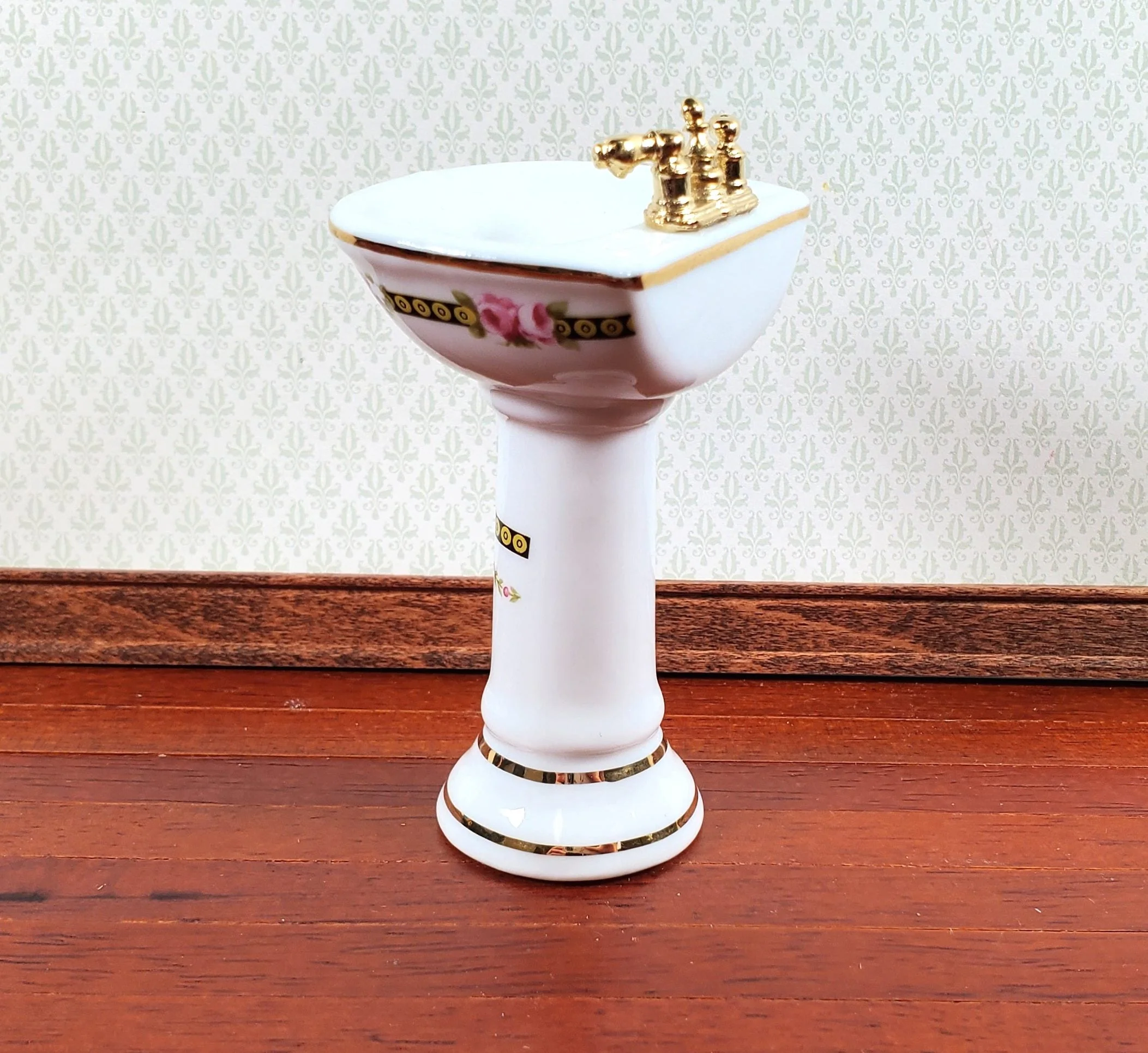 Dollhouse Pedestal Sink Bathroom Victorian Rose Reutter Porcelain 1:12 Scale - Image 3