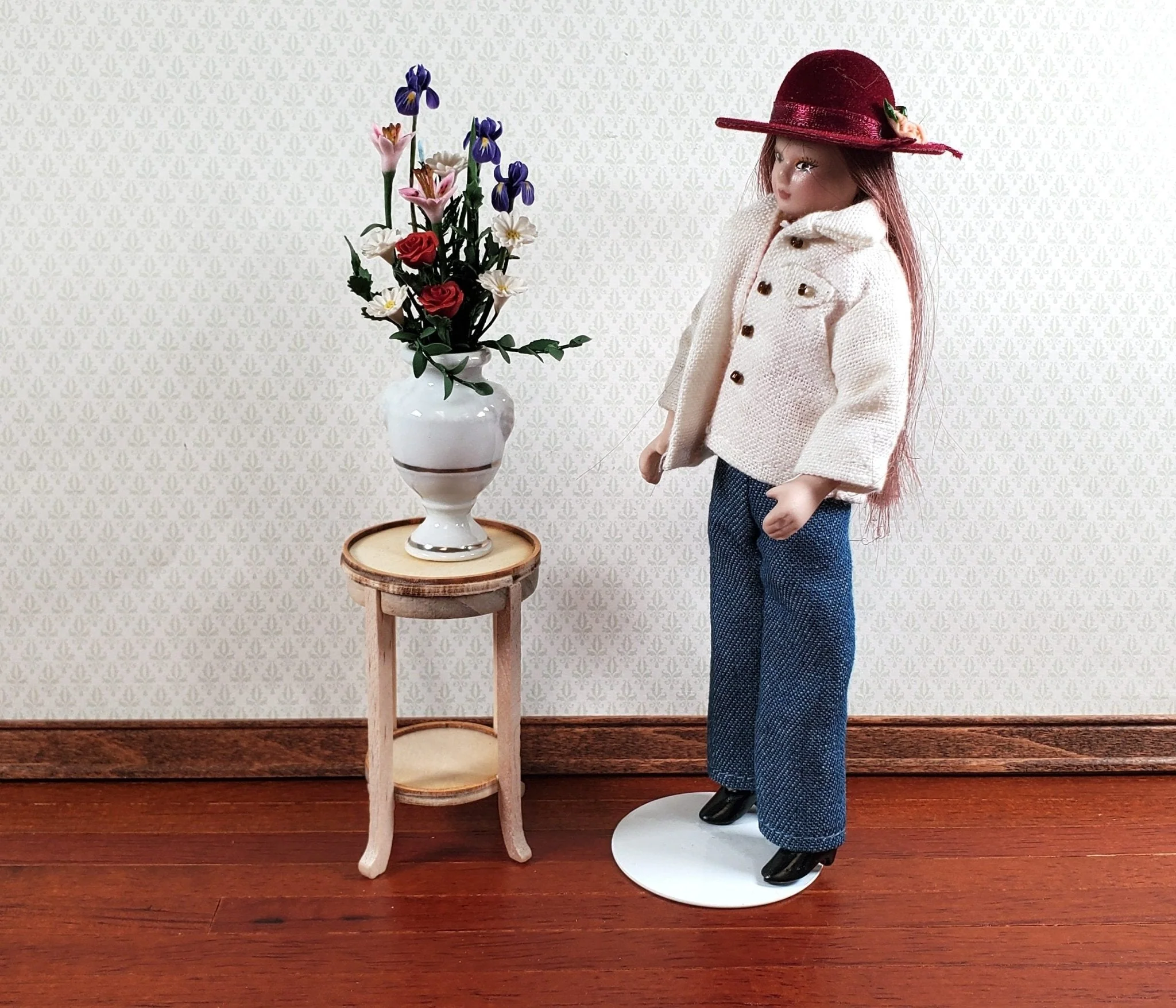 Dollhouse Plant Fern Stand Round Side Table Unpainted Wood 1:12 Scale Furniture - Image 3