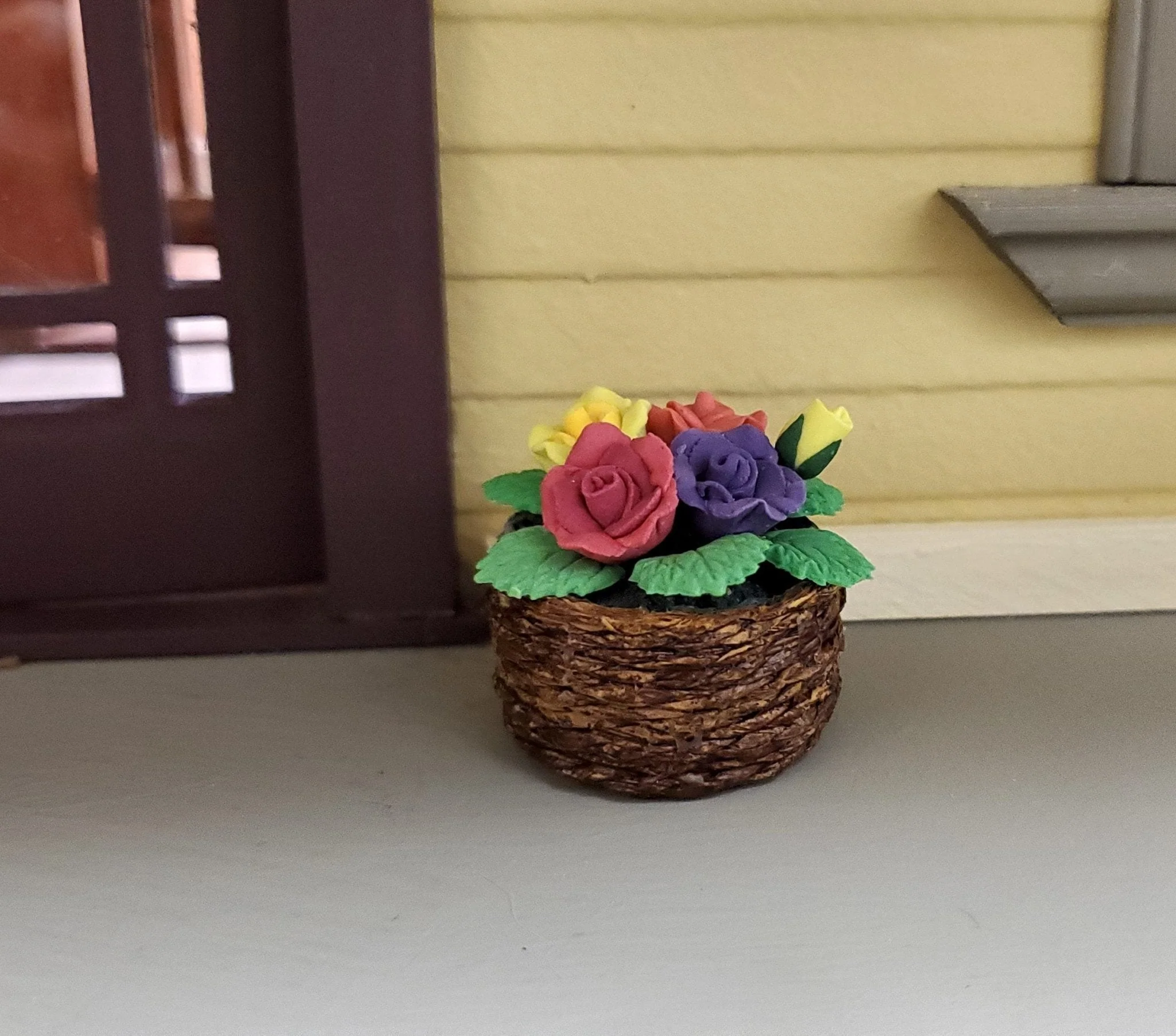 Dollhouse Roses in a Brown Basket Red Yellow Purple Flowers 1:12 Scale Miniature - Image 3