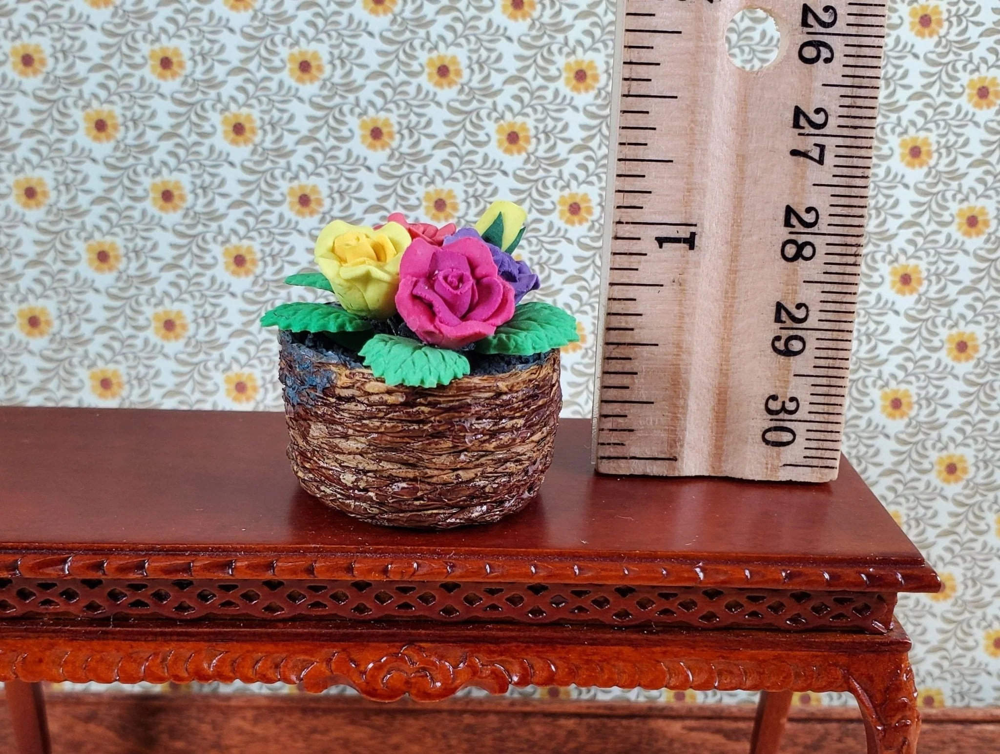 Dollhouse Roses in a Brown Basket Red Yellow Purple Flowers 1:12 Scale Miniature - Image 4