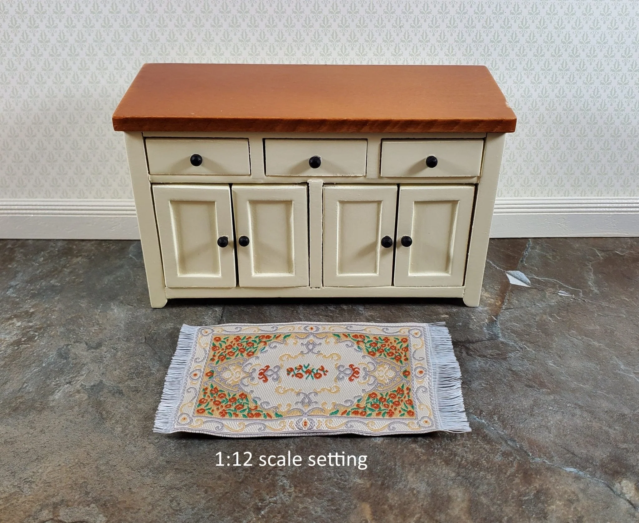 Dollhouse Rug Small HALF SCALE Cream Orange Gray 3.75" x 2" 1:24 Miniature - Image 3