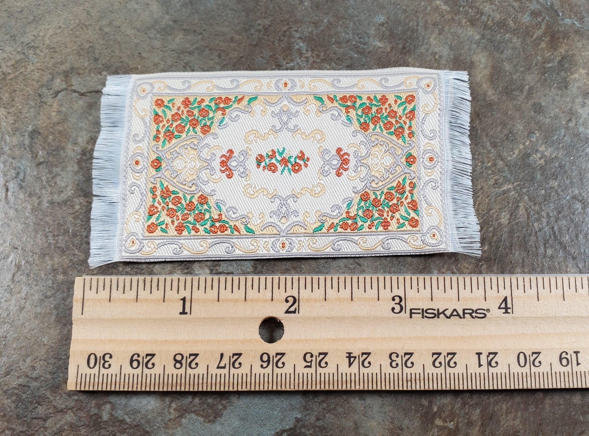 Dollhouse Rug Small HALF SCALE Cream Orange Gray 3.75" x 2" 1:24 Miniature - Image 5