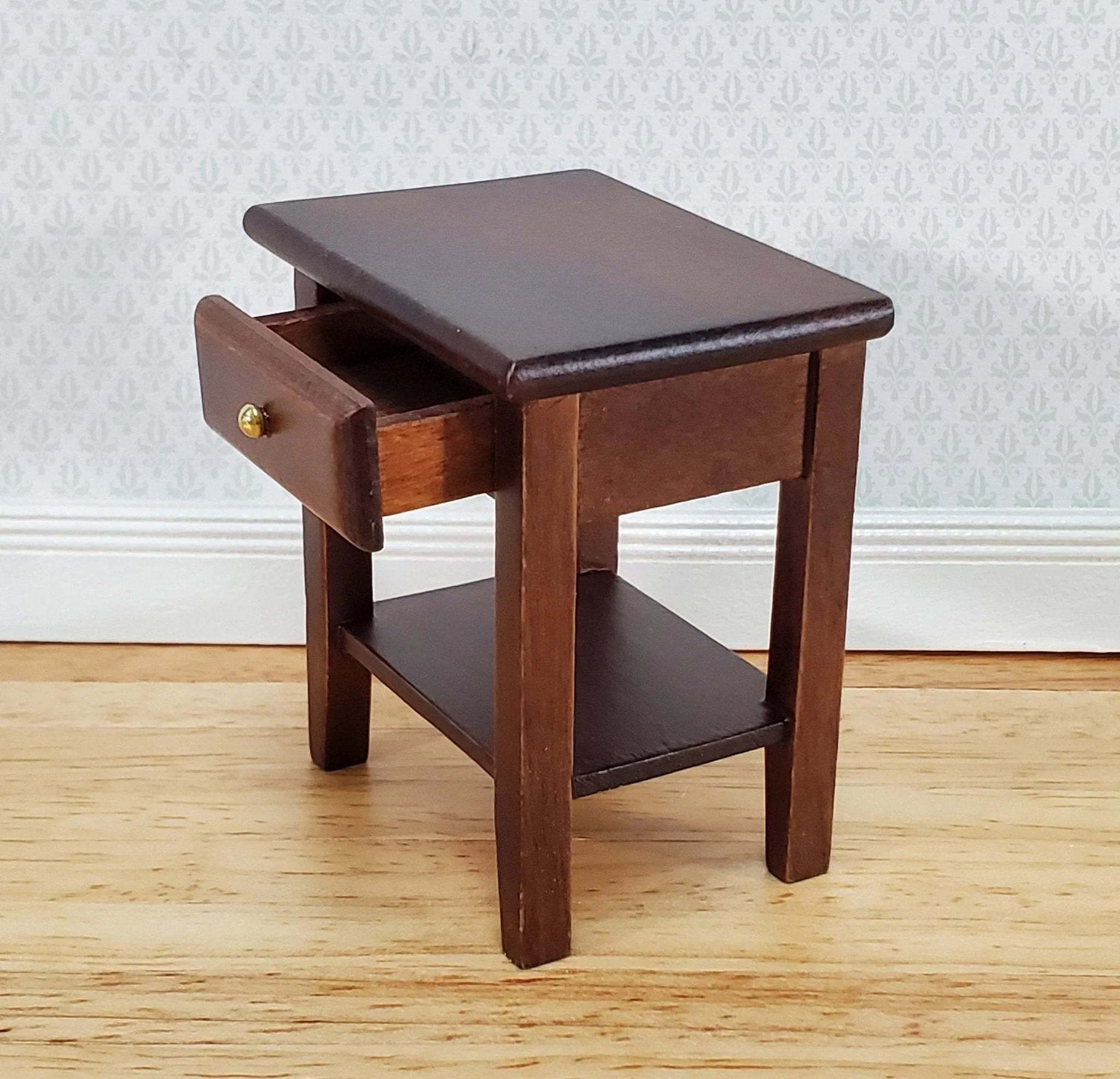 Dollhouse Side Table Night Stand with Drawer 1:12 Scale Miniature Furniture Walnut Finish - Image 3