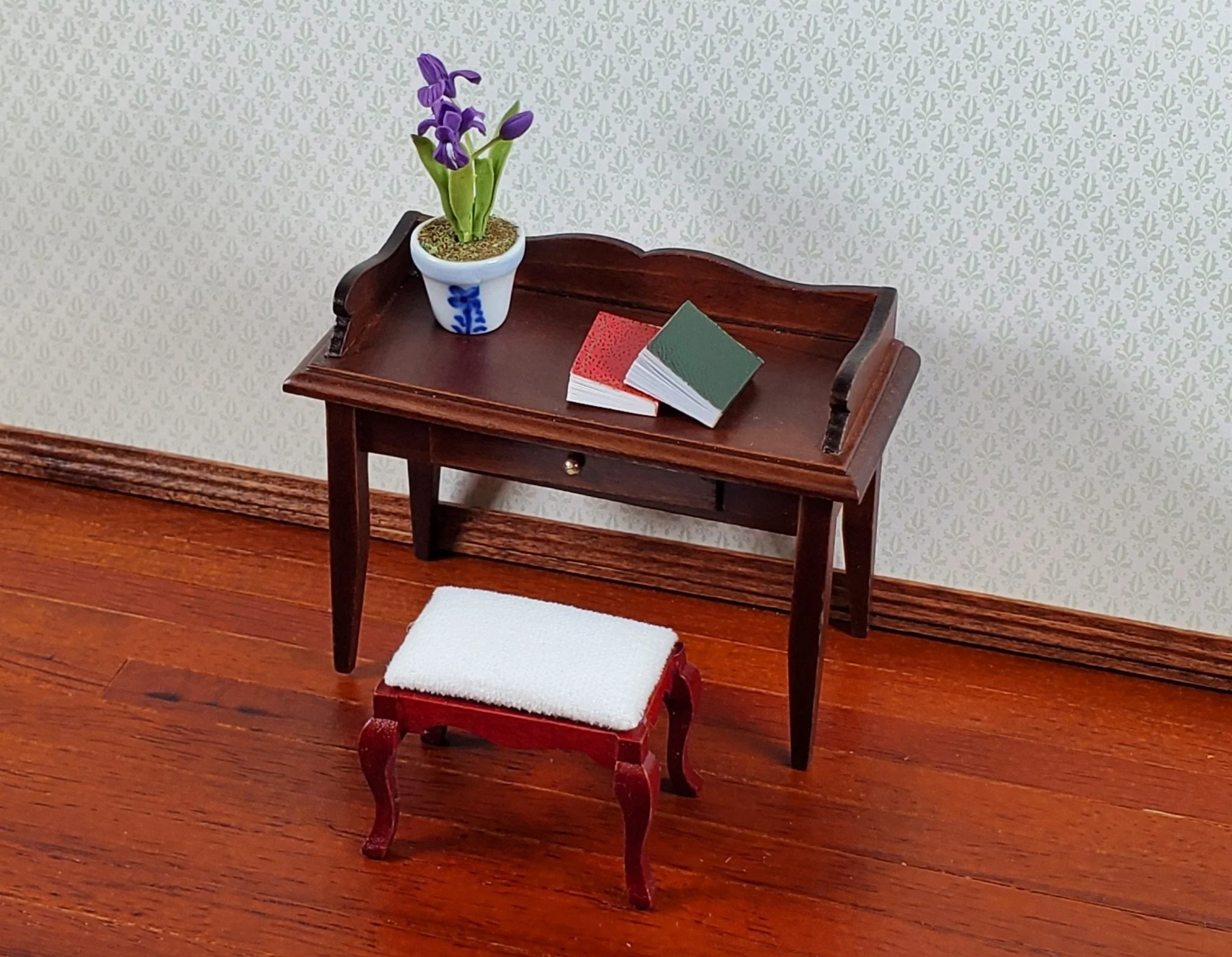 Dollhouse Vanity Stool Bench Mahogany Finish Fabric Seat 1:12 Scale Miniature Furniture - Image 4