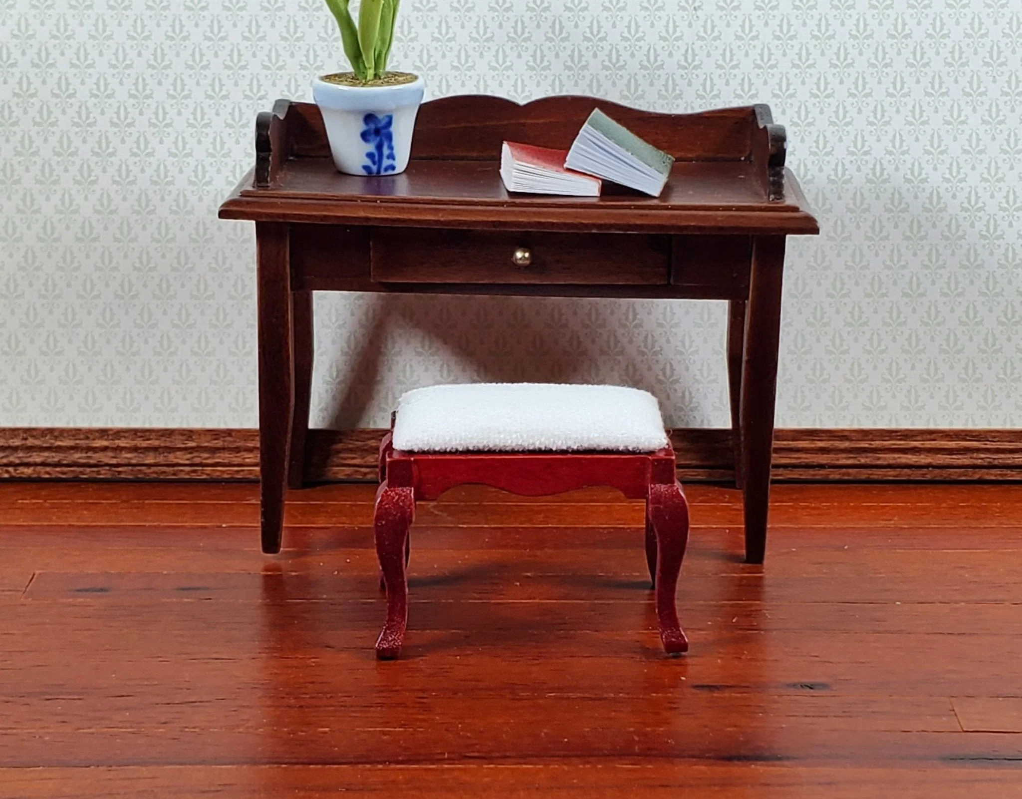 Dollhouse Vanity Stool Bench Mahogany Finish Fabric Seat 1:12 Scale Miniature Furniture - Image 5